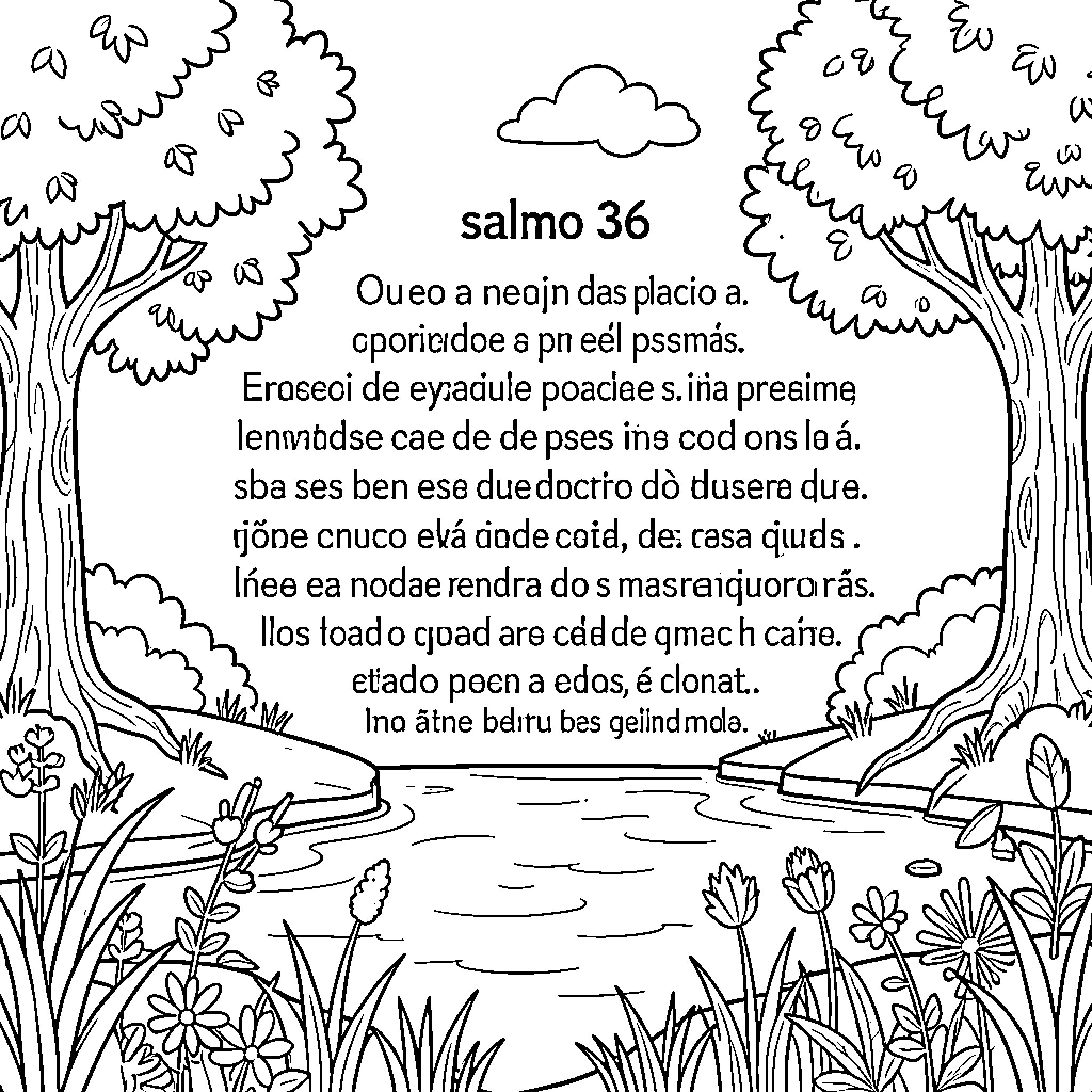 Salmo 36: Landscape with Religious Verse Coloring Page (free black-and-white line drawing printable PDF for all, from beginners to advanced learners, including children, teens, adults, and seniors)
