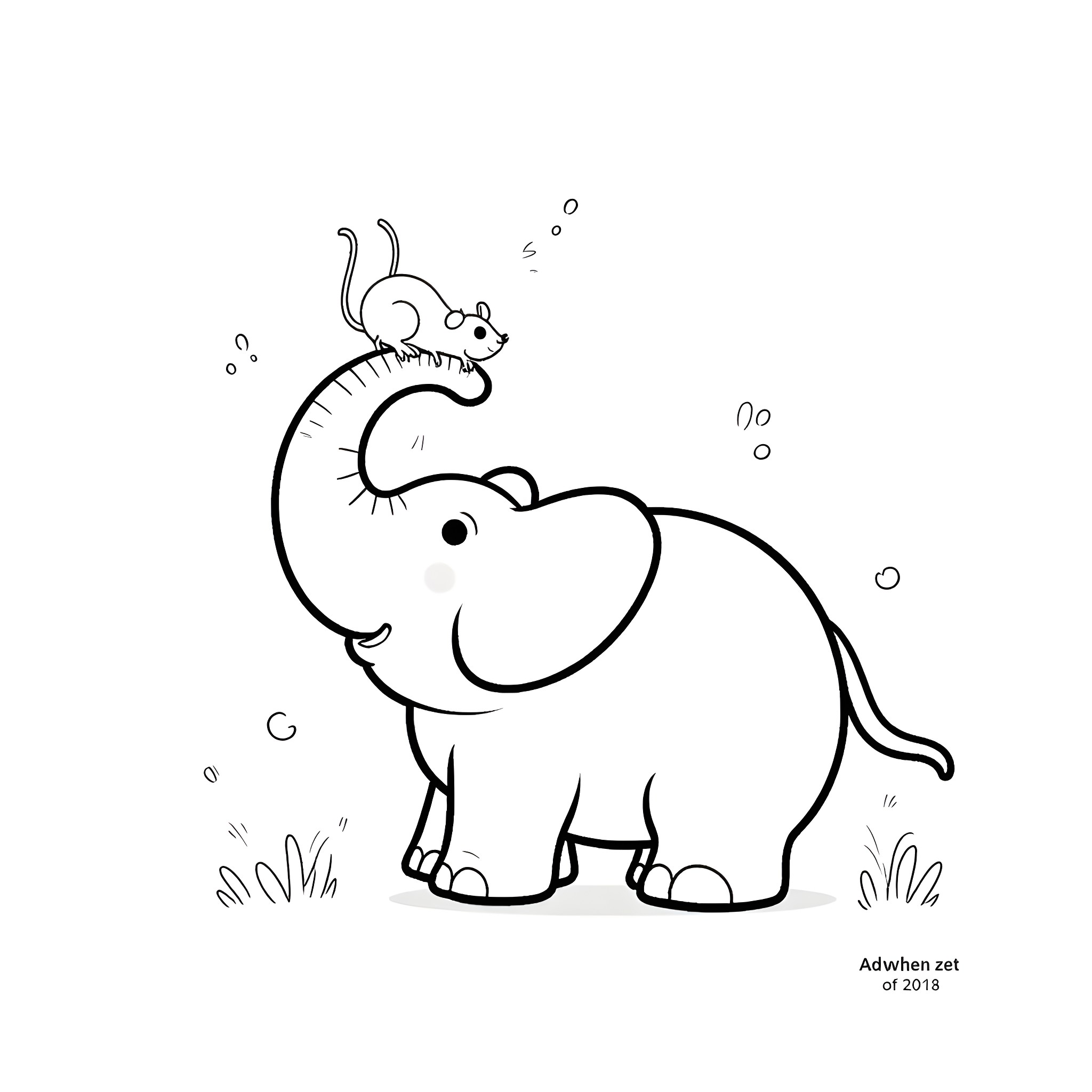 Mouse-shaped elephant playing in the garden Coloring Page (free black-and-white line drawing printable PDF for all, from beginners to advanced learners, including children, teens, adults, and seniors)