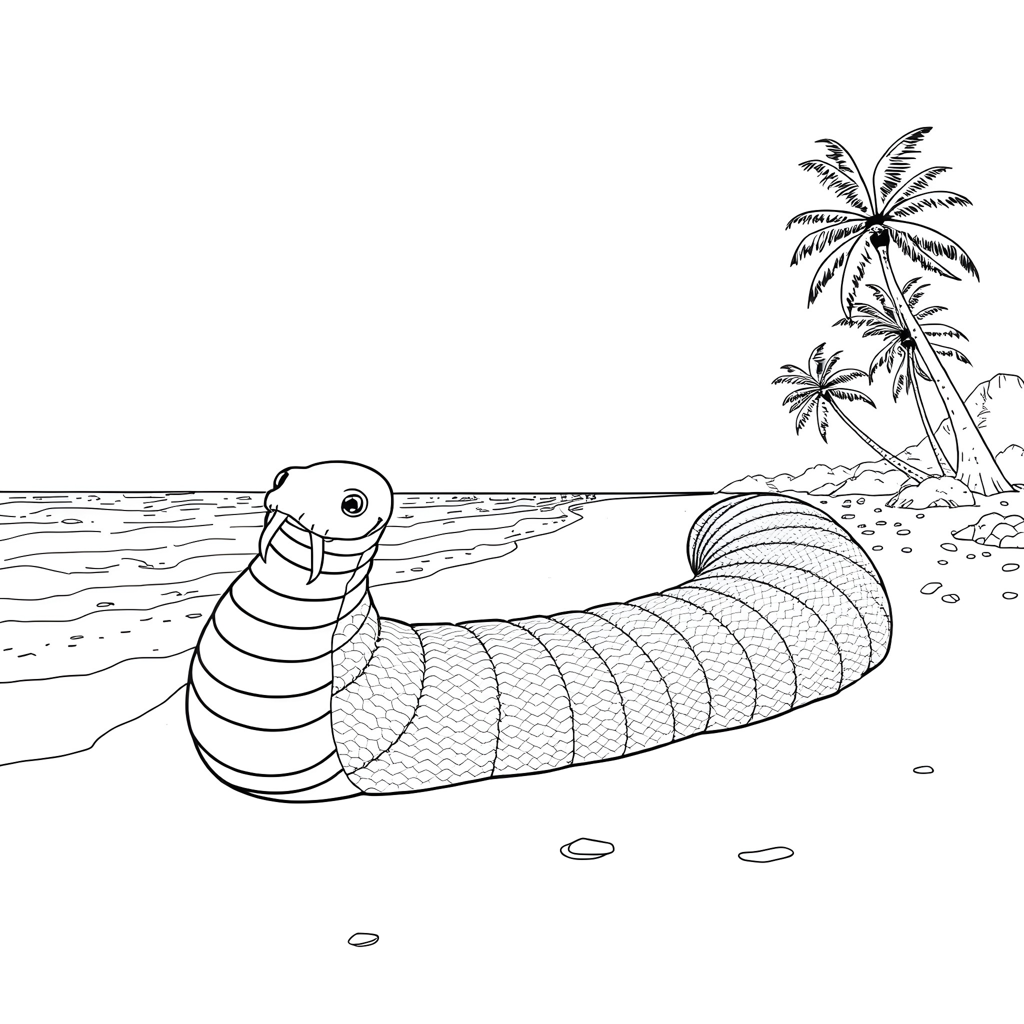 Sandworm slithering on tropical beach Coloring Page (free black-and-white line drawing printable PDF for all, from beginners to advanced learners, including children, teens, adults, and seniors)