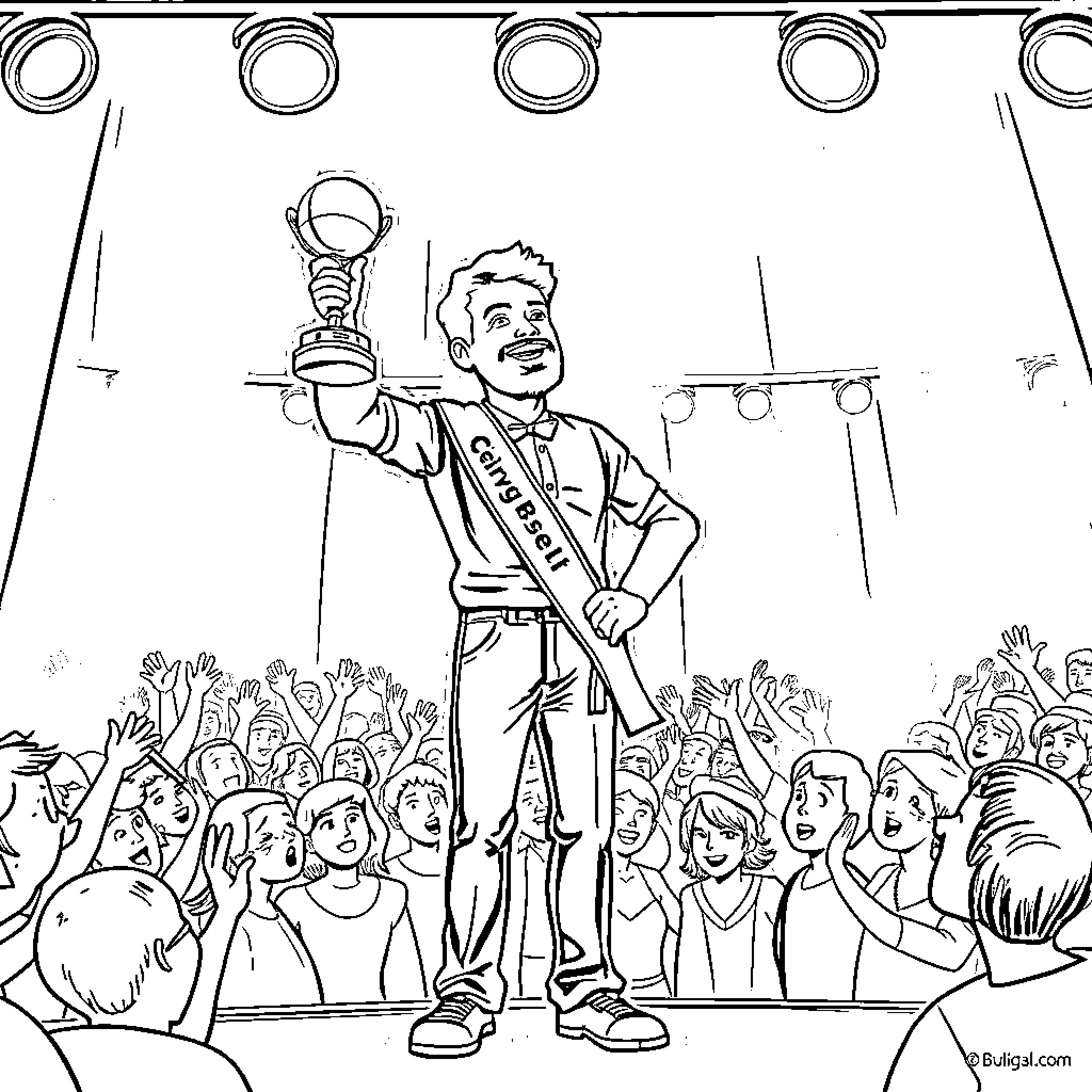 George Russell Celebrates Victory on Stage Coloring Page (free black-and-white line drawing printable PDF for all, from beginners to advanced learners, including children, teens, adults, and seniors)
