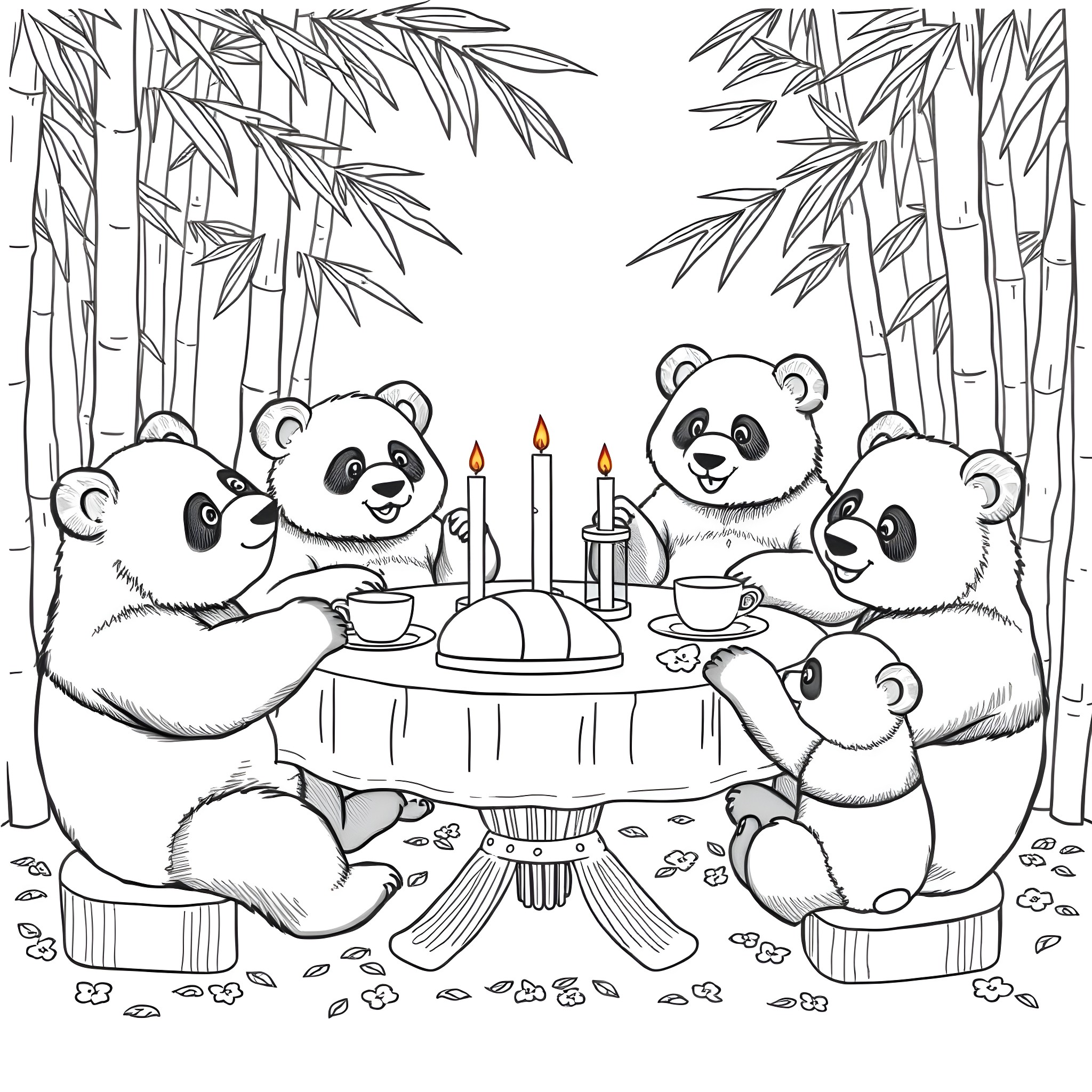Panda family celebrating together in the bamboo forest Coloring Page (free black-and-white line drawing printable PDF for all, from beginners to advanced learners, including children, teens, adults, and seniors)