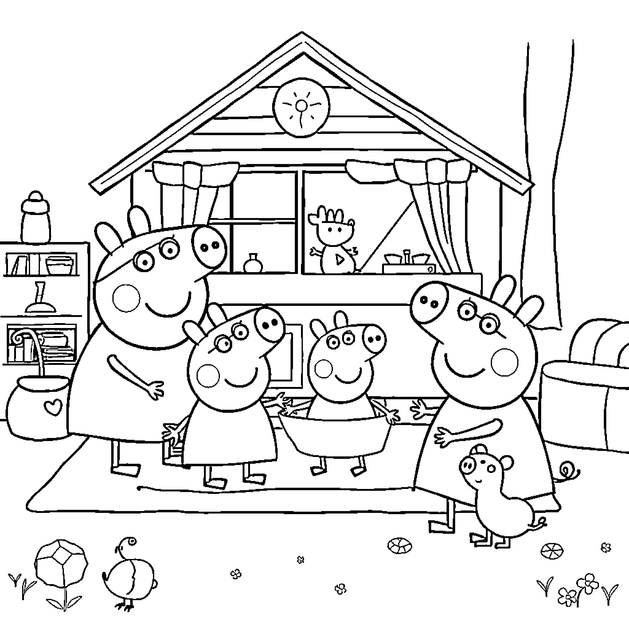 Peppa Pig and her family enjoying time at home Coloring Page (free black-and-white line drawing printable PDF for all, from beginners to advanced learners, including children, teens, adults, and seniors)