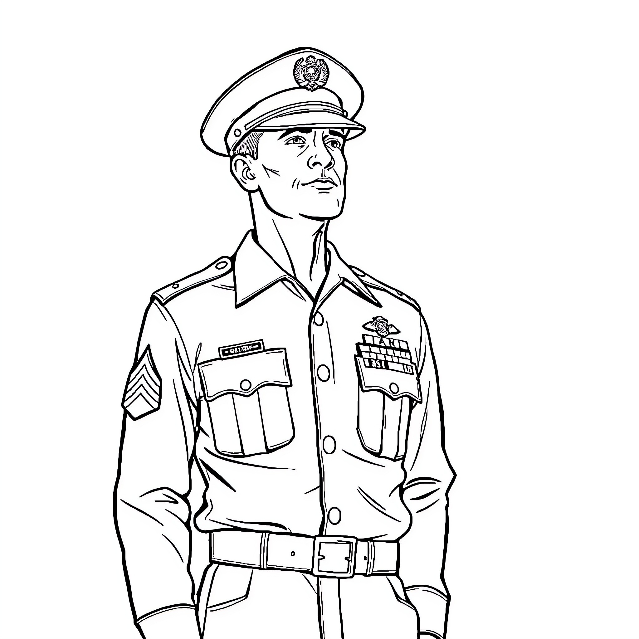 Soldier in Uniform Saluting with Serious Expression Coloring Page (free black-and-white line drawing printable PDF for all, from beginners to advanced learners, including children, teens, adults, and seniors)