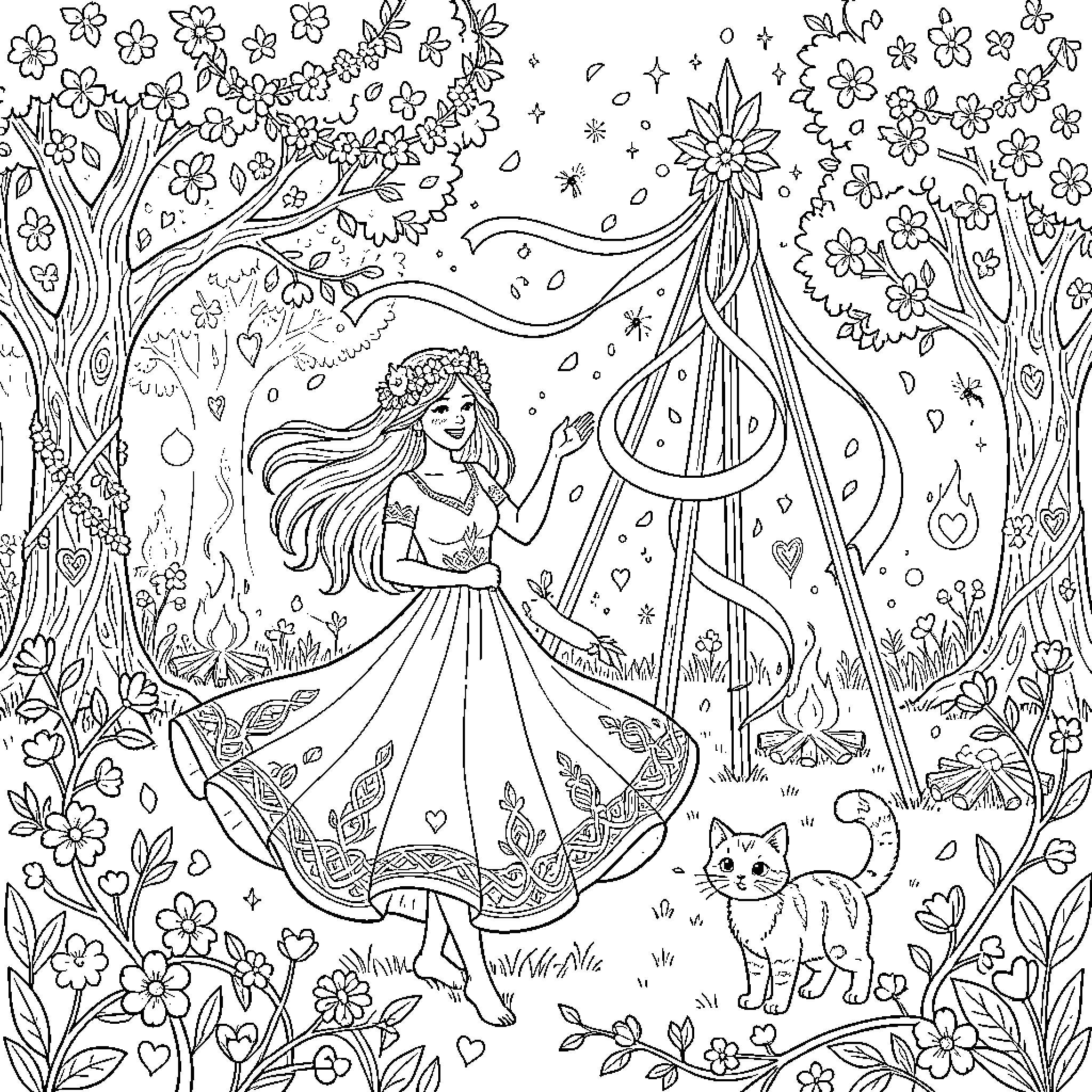 Goddess of the Enchanted Forest Coloring Page (free black-and-white line drawing printable PDF for all, from beginners to advanced learners, including children, teens, adults, and seniors)