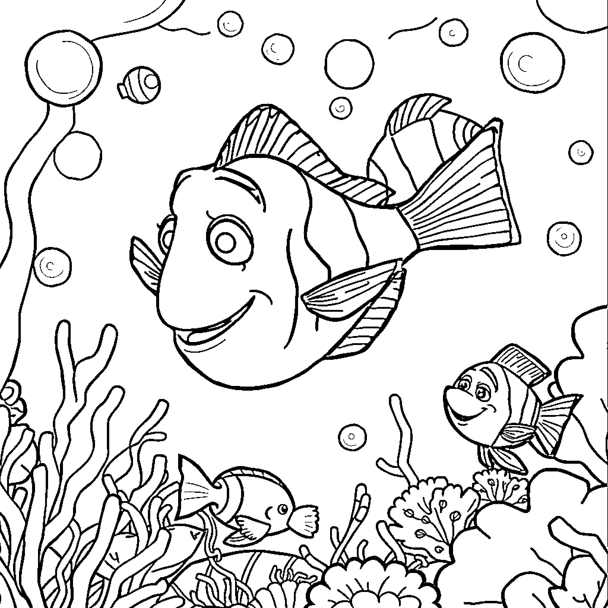 Nemo and his undersea friends explore the coral reef Coloring Page (free black-and-white line drawing printable PDF for all, from beginners to advanced learners, including children, teens, adults, and seniors)