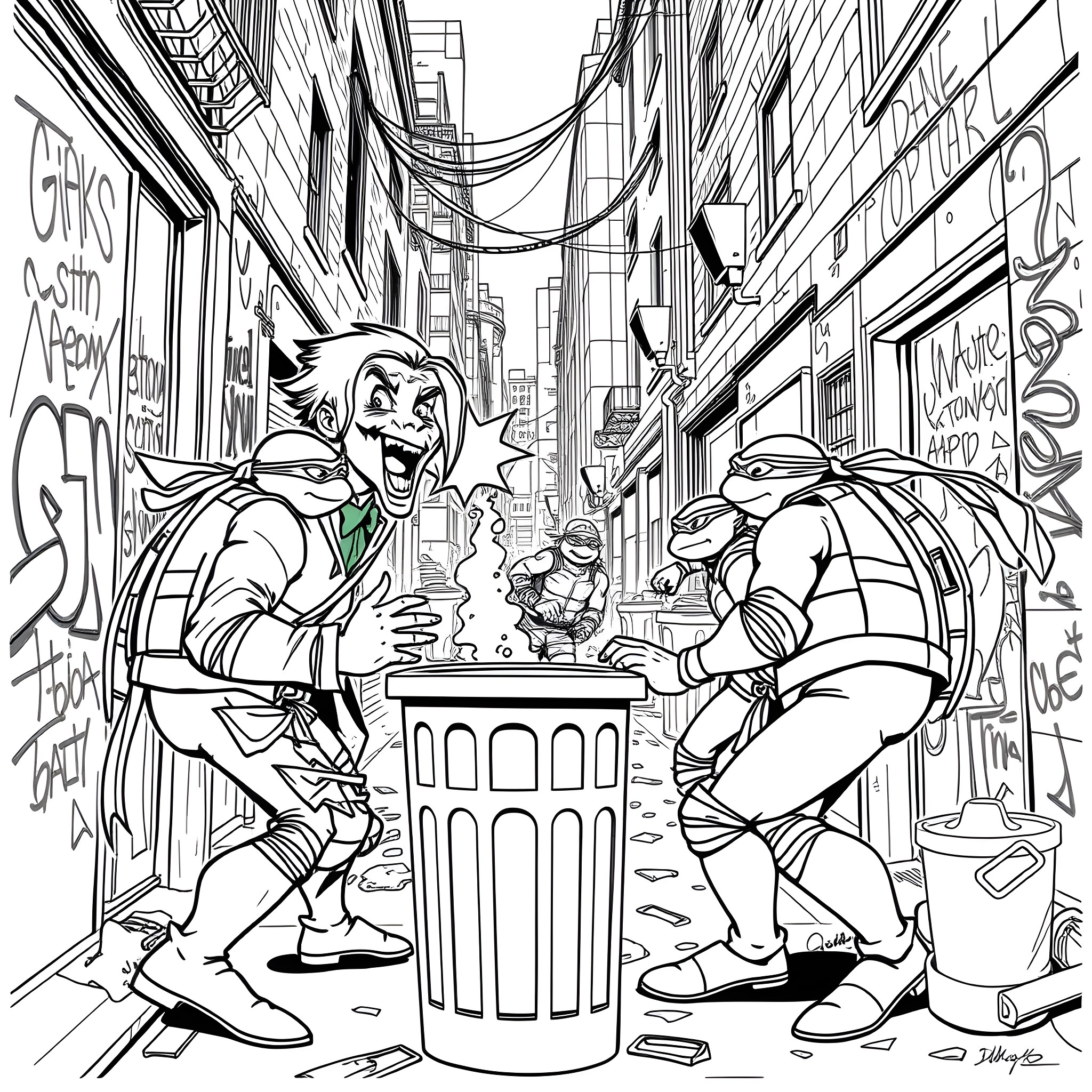 Joker Figures Causing Chaos in Urban Alley Coloring Page (free black-and-white line drawing printable PDF for all, from beginners to advanced learners, including children, teens, adults, and seniors)