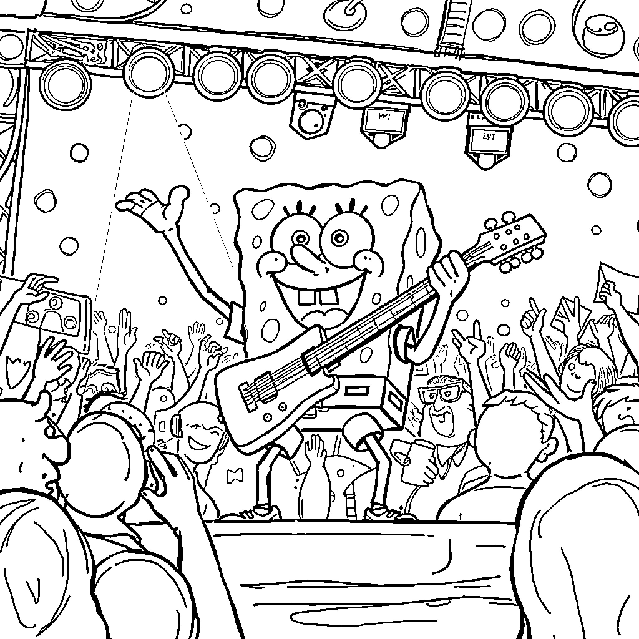 Spongebob Rocks the Stage with Enthusiastic Fans Coloring Page (free black-and-white line drawing printable PDF for all, from beginners to advanced learners, including children, teens, adults, and seniors)
