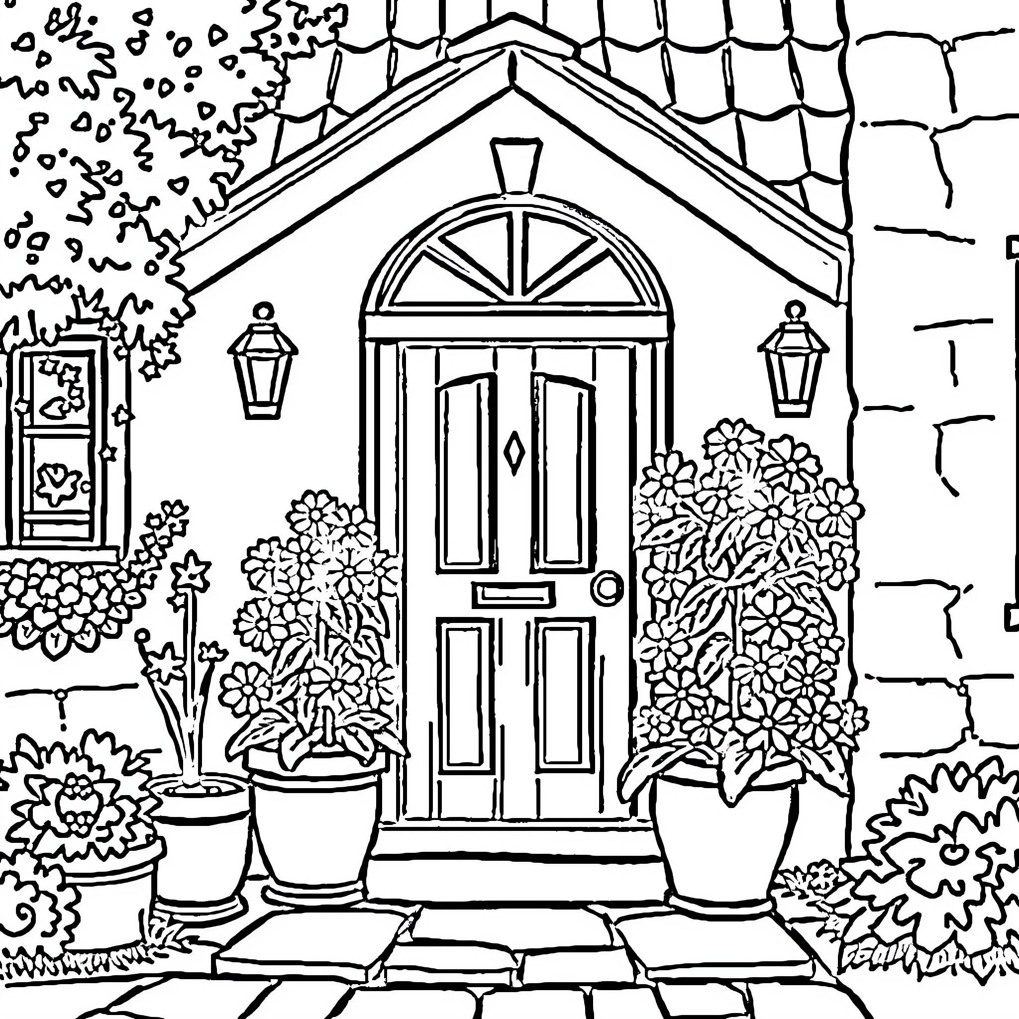 House with Decorative Entrance and Potted Plants Coloring Page (free black-and-white line drawing printable PDF for all, from beginners to advanced learners, including children, teens, adults, and seniors)