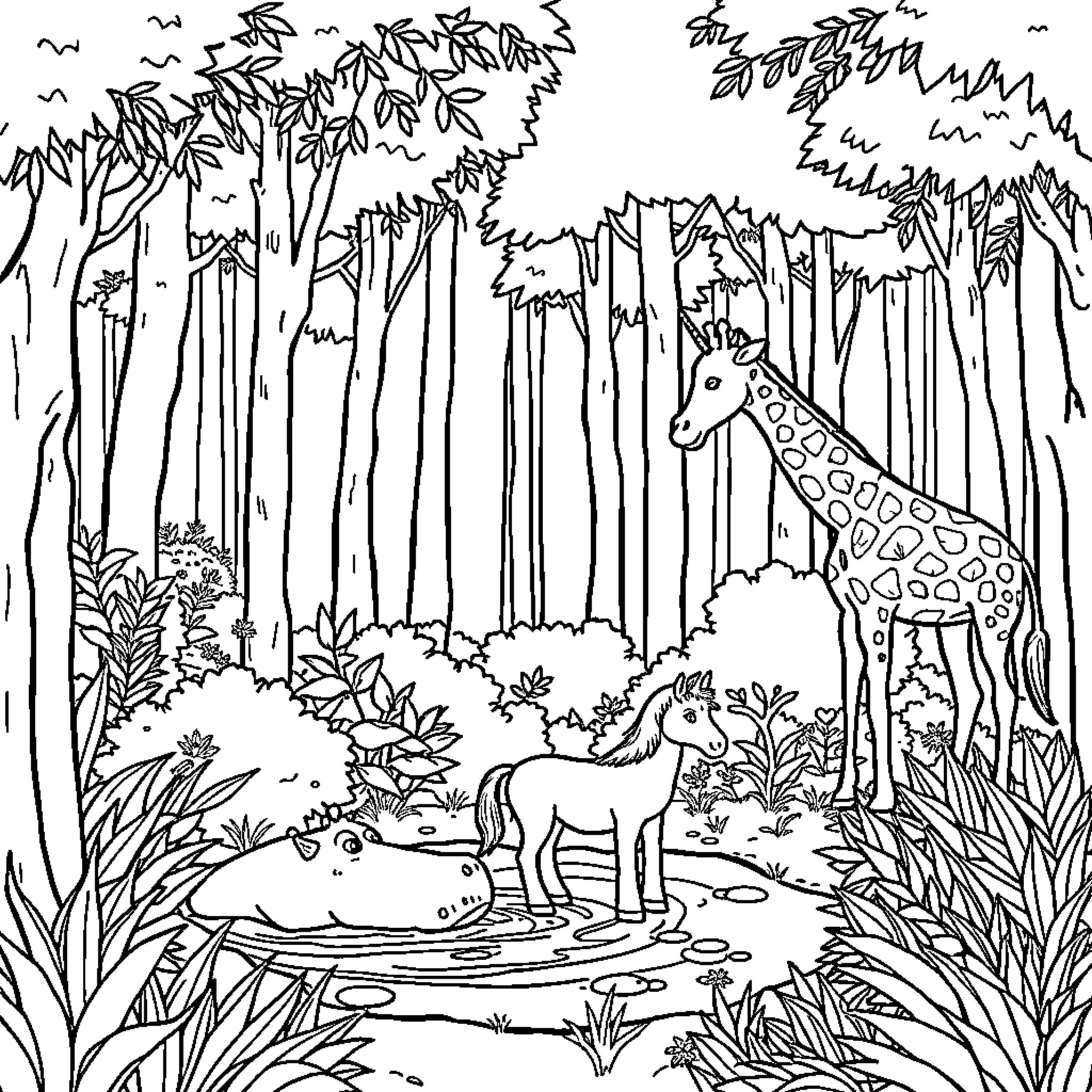 Hippopotamus in the Lush Forest with Giraffes and Zebras Coloring Page (free black-and-white line drawing printable PDF for all, from beginners to advanced learners, including children, teens, adults, and seniors)