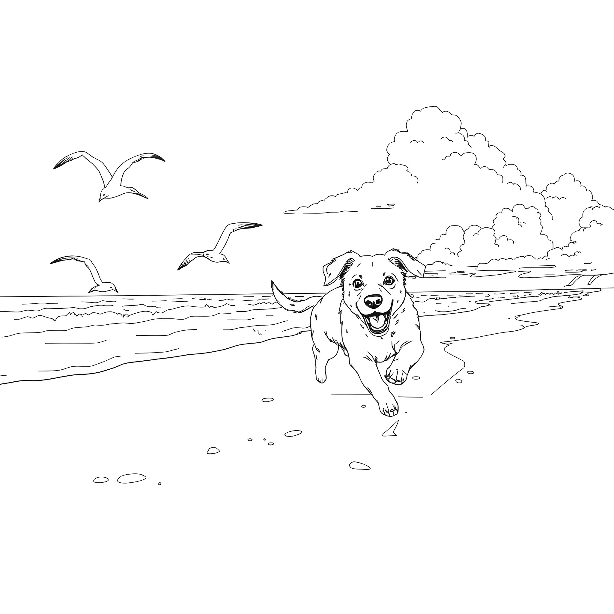 Dog playing happily on the beach Coloring Page (free black-and-white line drawing printable PDF for all, from beginners to advanced learners, including children, teens, adults, and seniors)