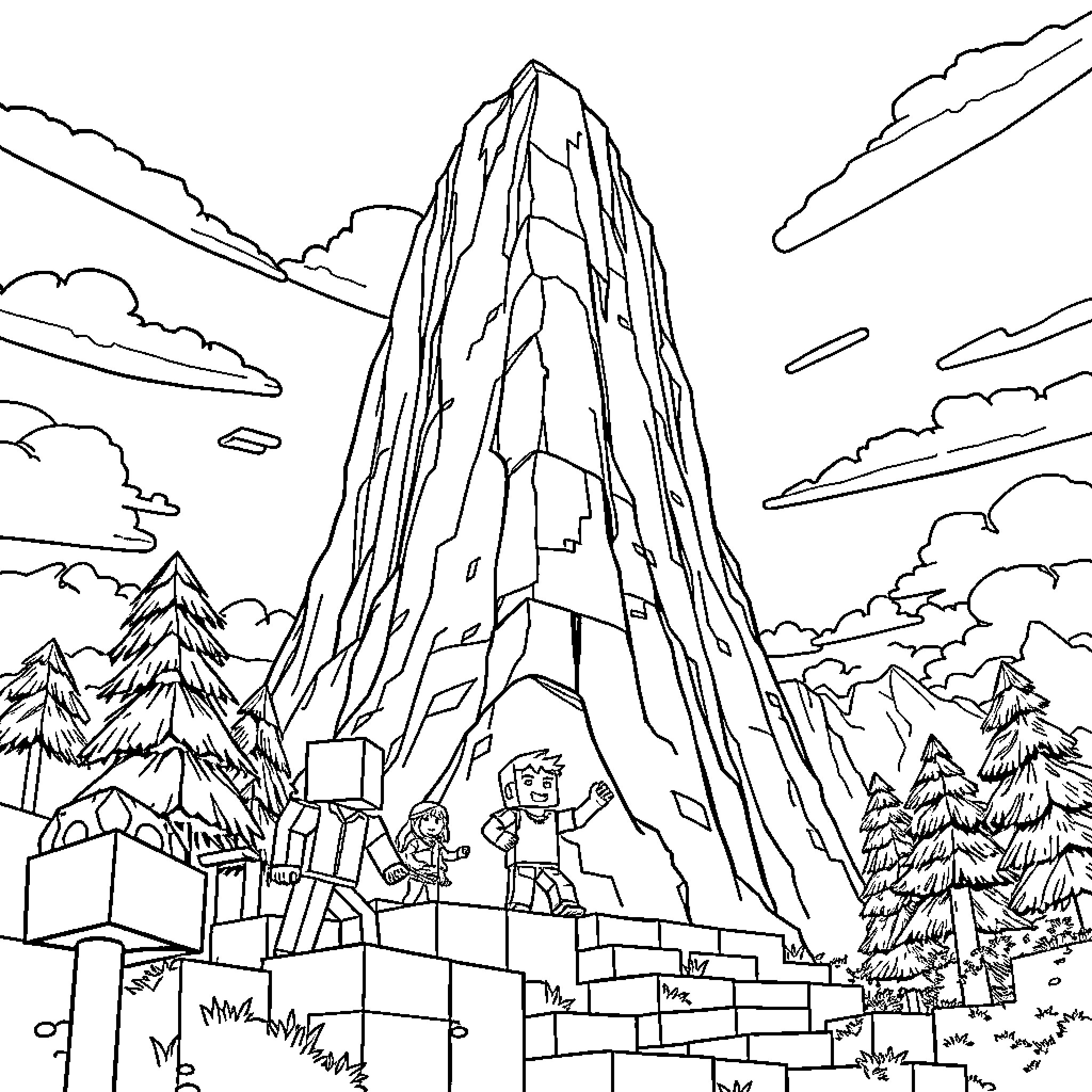 Minecraft Characters Exploring a Mountainous Landscape Coloring Page (free black-and-white line drawing printable PDF for all, from beginners to advanced learners, including children, teens, adults, and seniors)