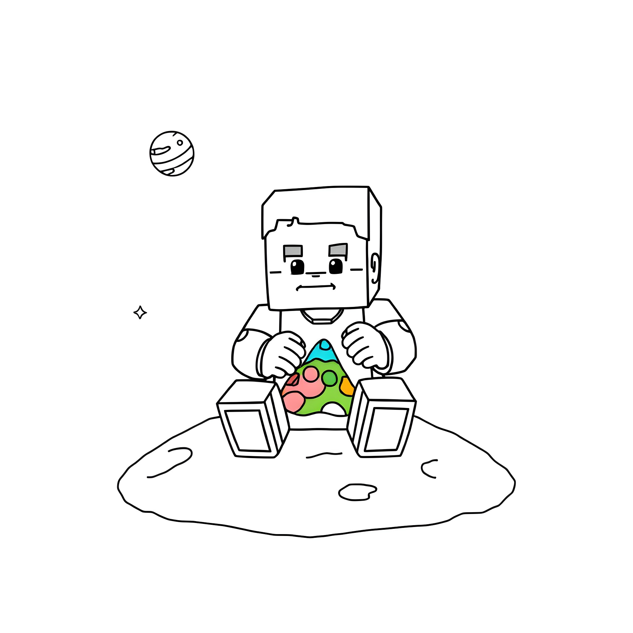 Minecraft Steve enjoying colorful blocks on the moon Coloring Page (free black-and-white line drawing printable PDF for all, from beginners to advanced learners, including children, teens, adults, and seniors)