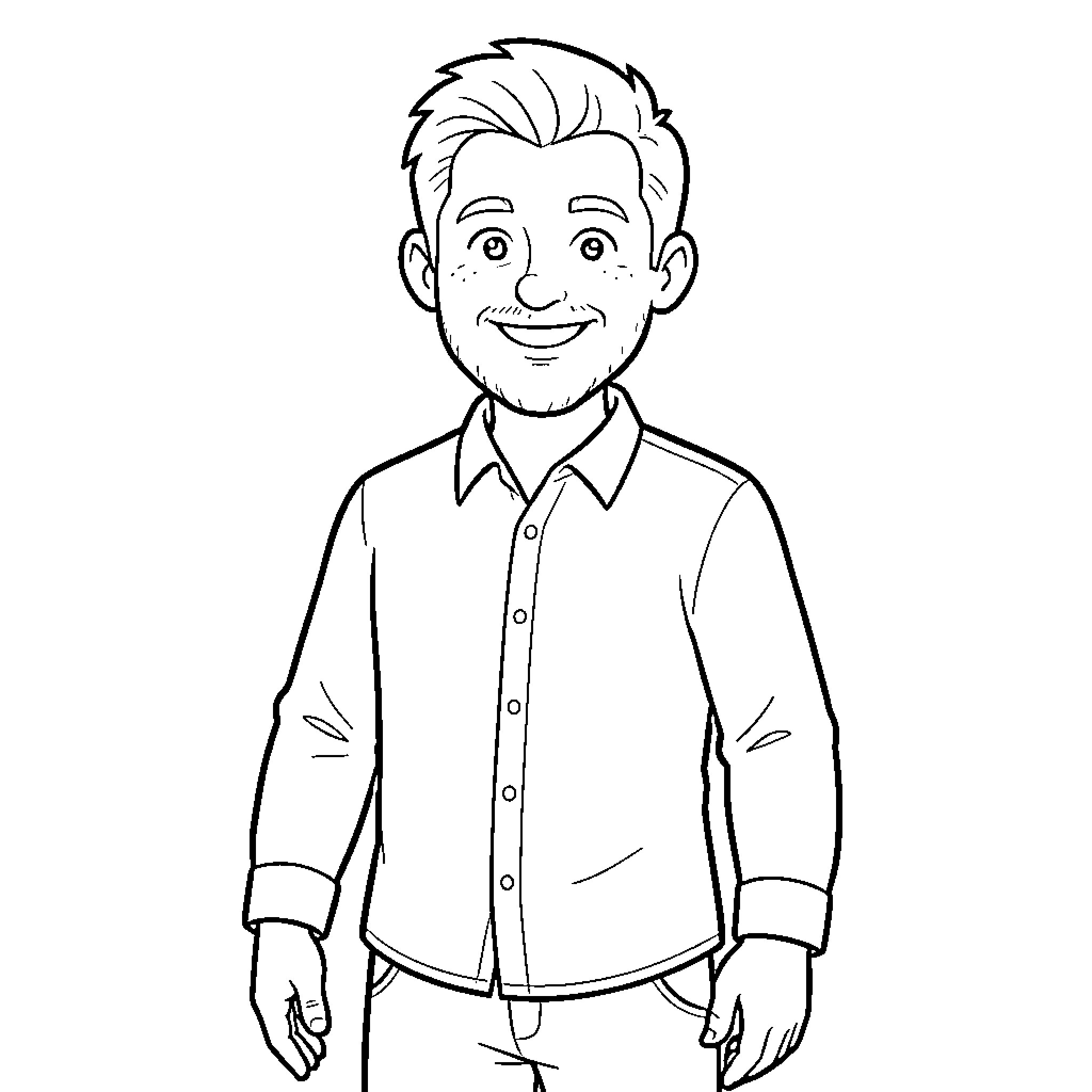 Bob smiling warmly while wearing a button-down shirt Coloring Page (free black-and-white line drawing printable PDF for all, from beginners to advanced learners, including children, teens, adults, and seniors)