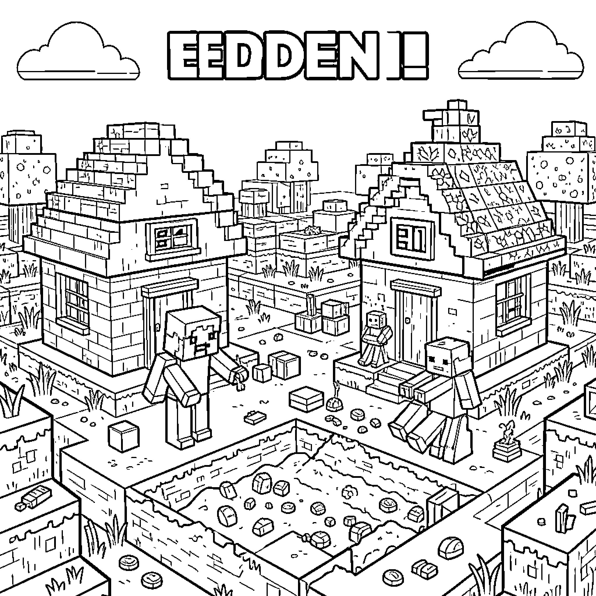 Minecraft characters exploring a village with houses Coloring Page (free black-and-white line drawing printable PDF for all, from beginners to advanced learners, including children, teens, adults, and seniors)
