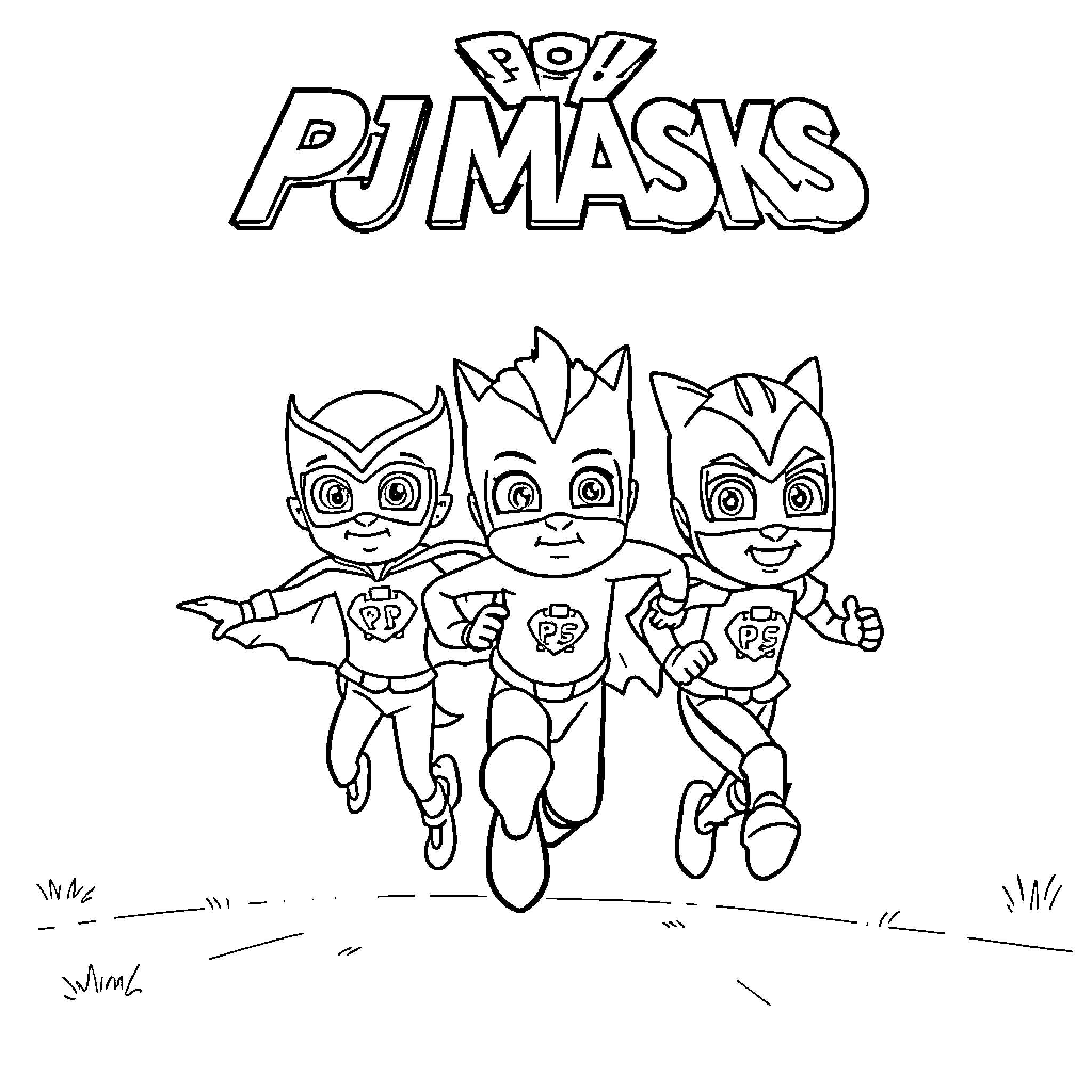 PJ Masks superheroes in action Coloring Page (free black-and-white line drawing printable PDF for all, from beginners to advanced learners, including children, teens, adults, and seniors)