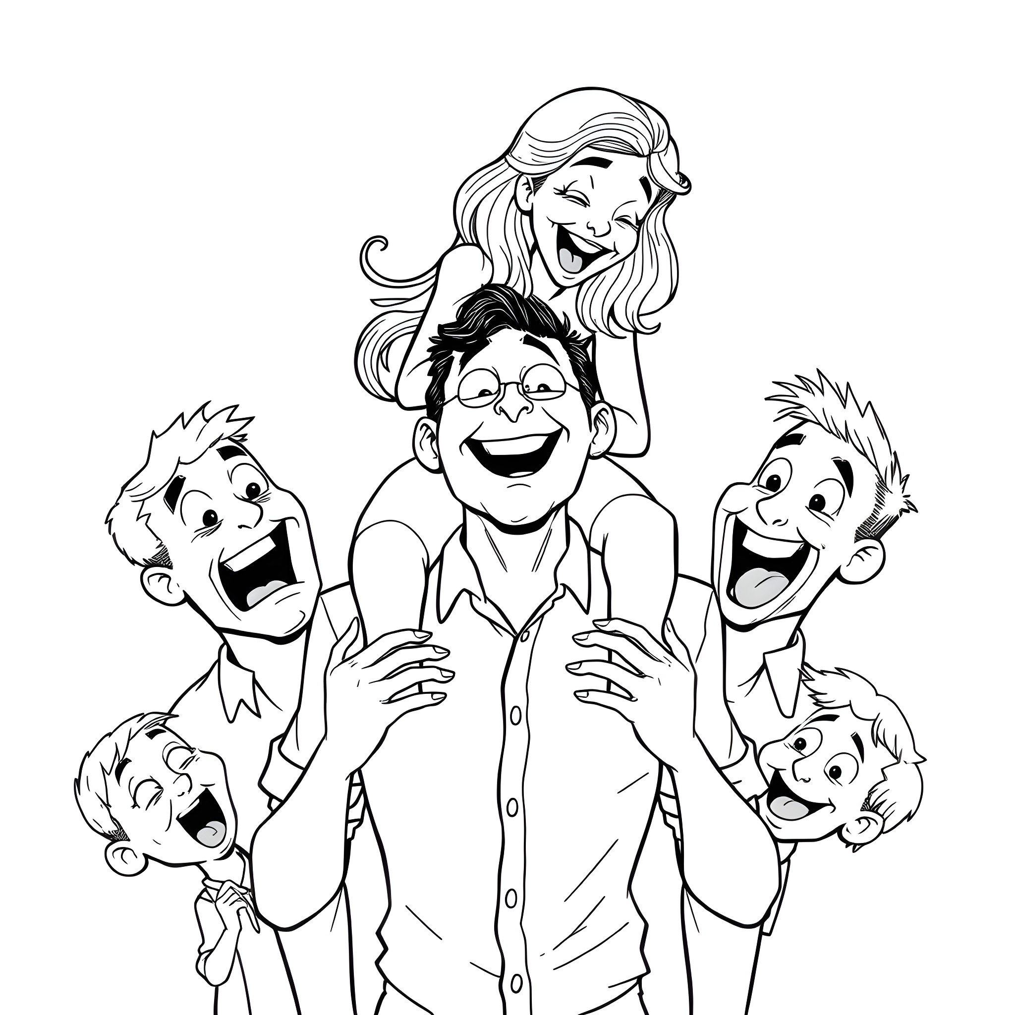 Woman and Children Sharing a Joyful Moment Coloring Page (free black-and-white line drawing printable PDF for all, from beginners to advanced learners, including children, teens, adults, and seniors)