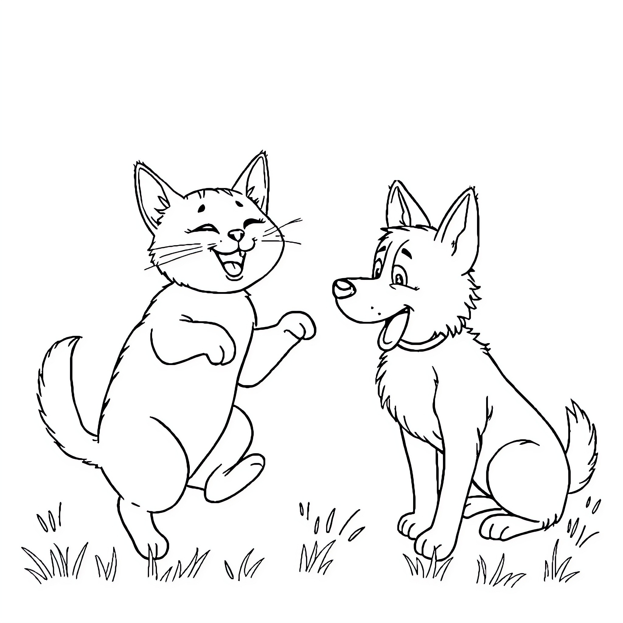 Cat and dog playing together in the field Coloring Page (free black-and-white line drawing printable PDF for all, from beginners to advanced learners, including children, teens, adults, and seniors)