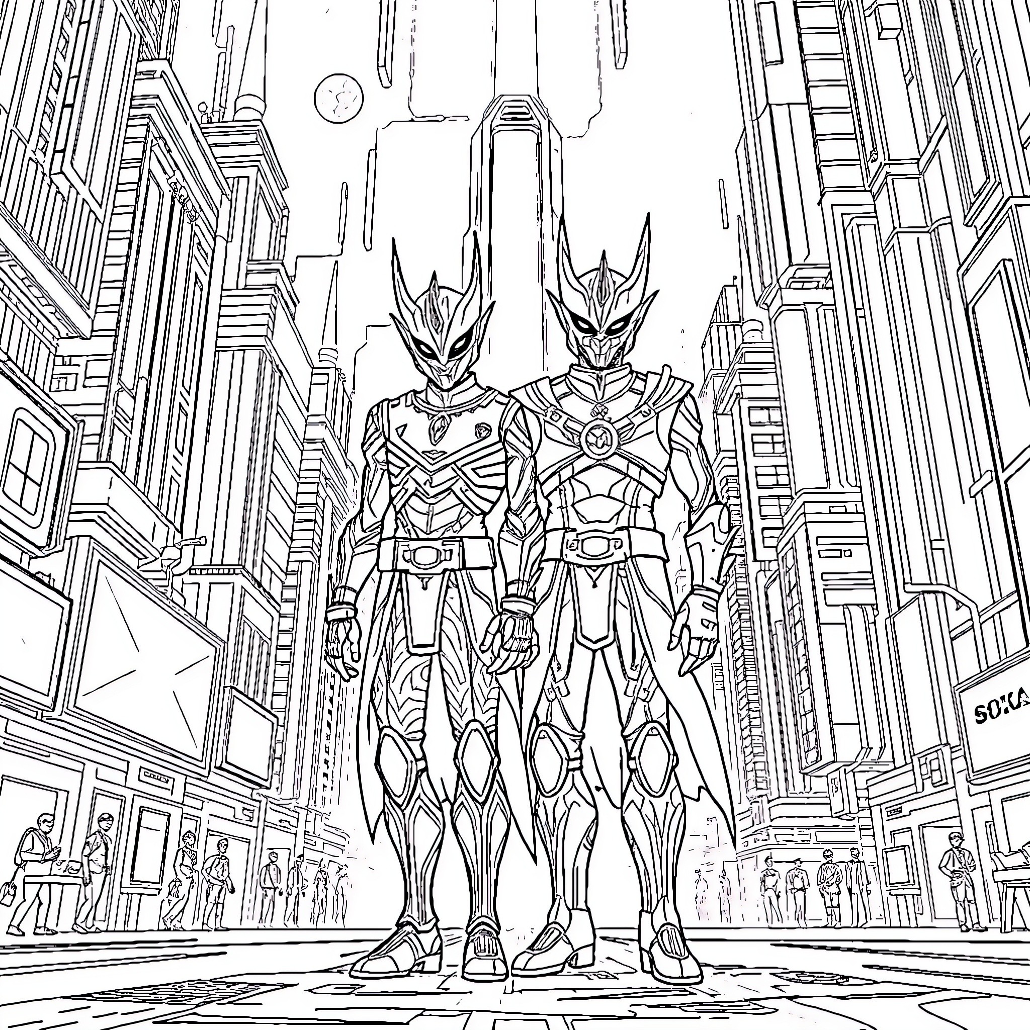 Ekko: Futuristic Heroes Facing the City Coloring Page (free black-and-white line drawing printable PDF for all, from beginners to advanced learners, including children, teens, adults, and seniors)