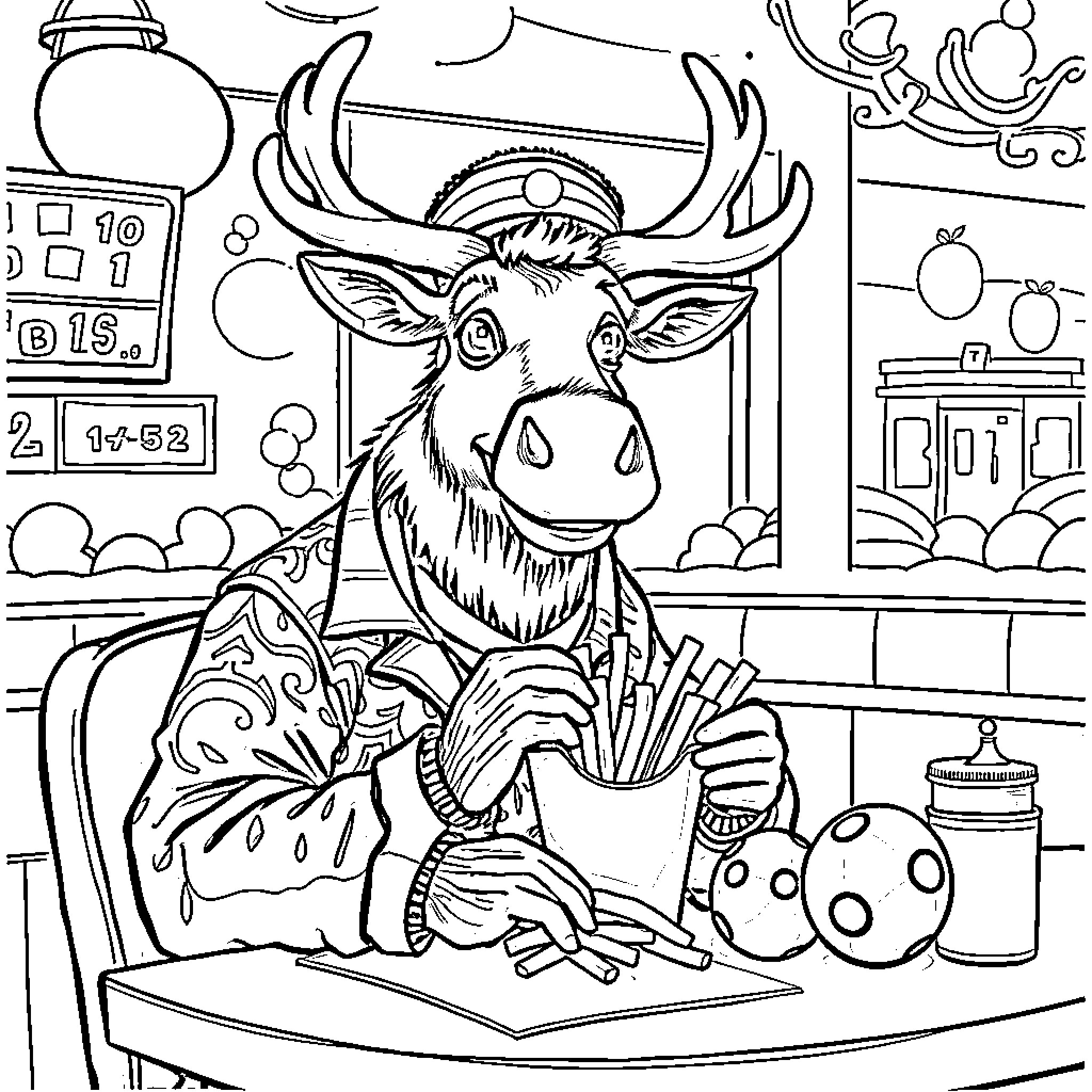 Elk dressed as a cashier in a quirky store Coloring Page (free black-and-white line drawing printable PDF for all, from beginners to advanced learners, including children, teens, adults, and seniors)