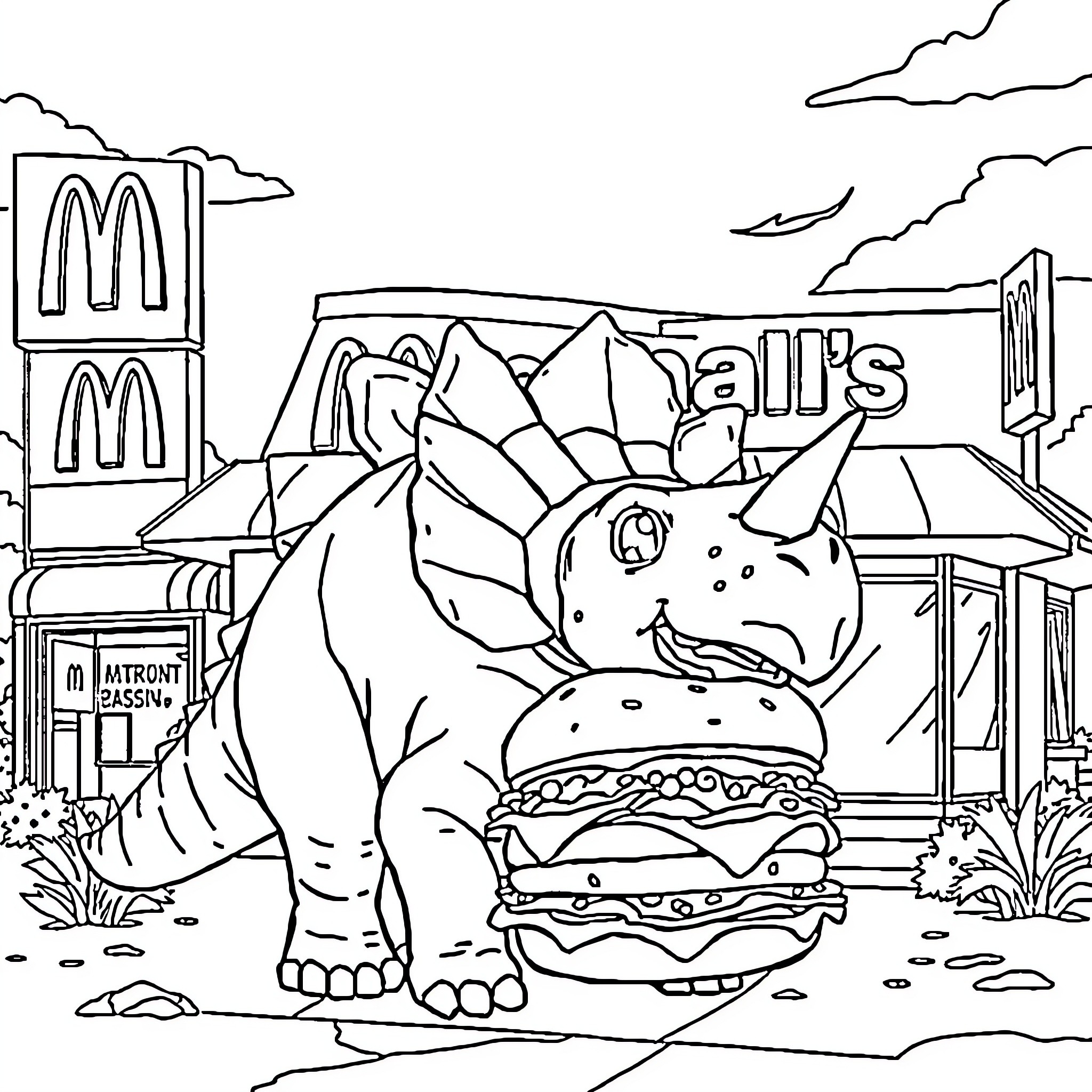 Triceratops enjoying a giant burger near a fast-food restaurant Coloring Page (free black-and-white line drawing printable PDF for all, from beginners to advanced learners, including children, teens, adults, and seniors)
