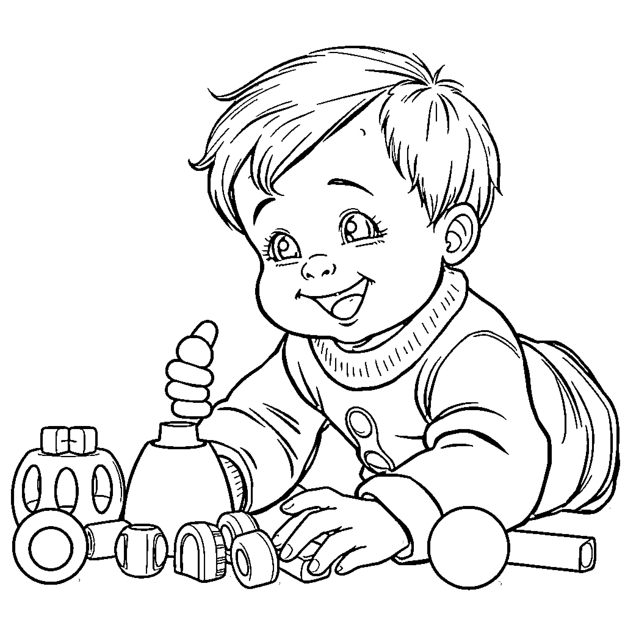 Toddler playing happily with toys Coloring Page (free black-and-white line drawing printable PDF for all, from beginners to advanced learners, including children, teens, adults, and seniors)