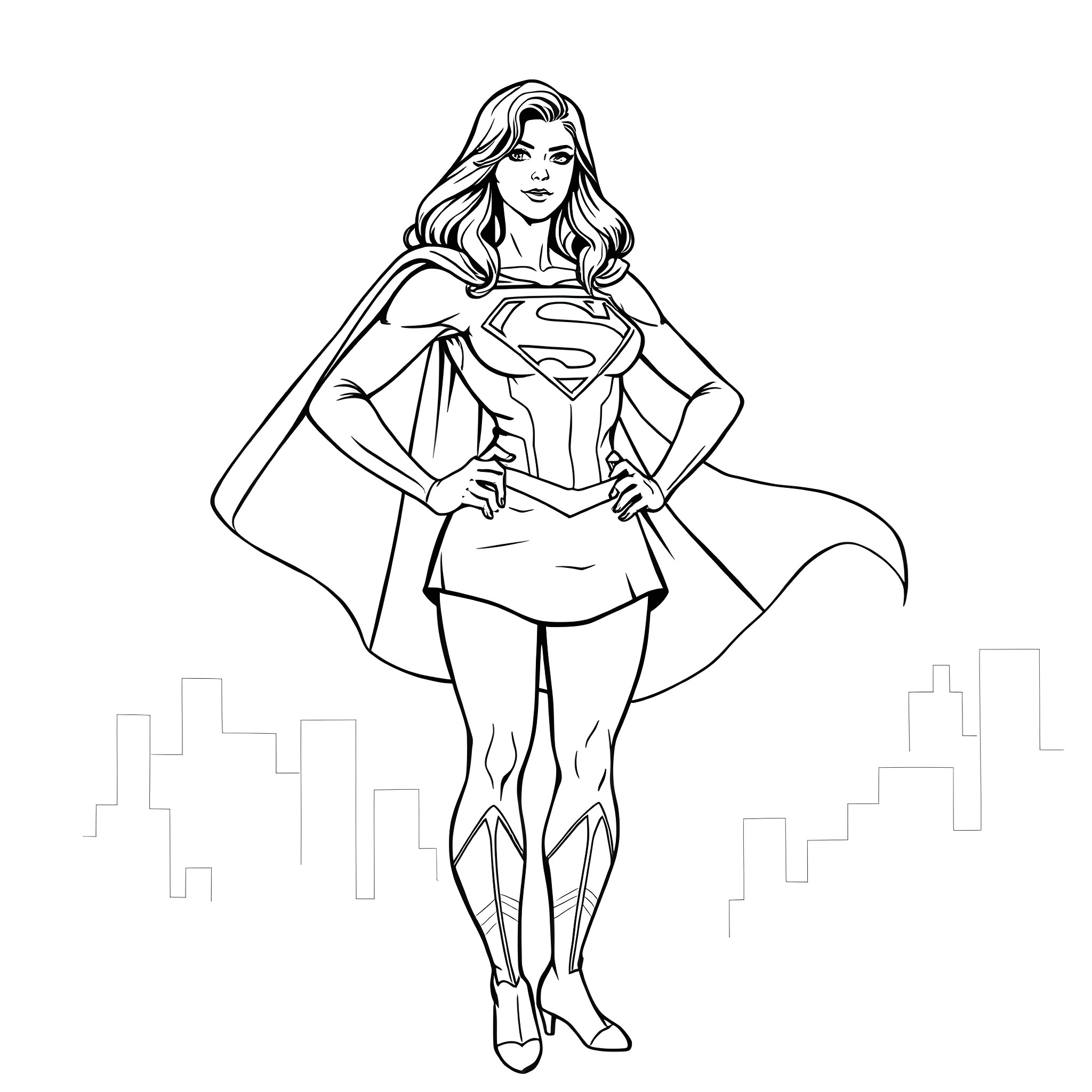 Supergirl standing confidently in her superhero costume Coloring Page (free black-and-white line drawing printable PDF for all, from beginners to advanced learners, including children, teens, adults, and seniors)