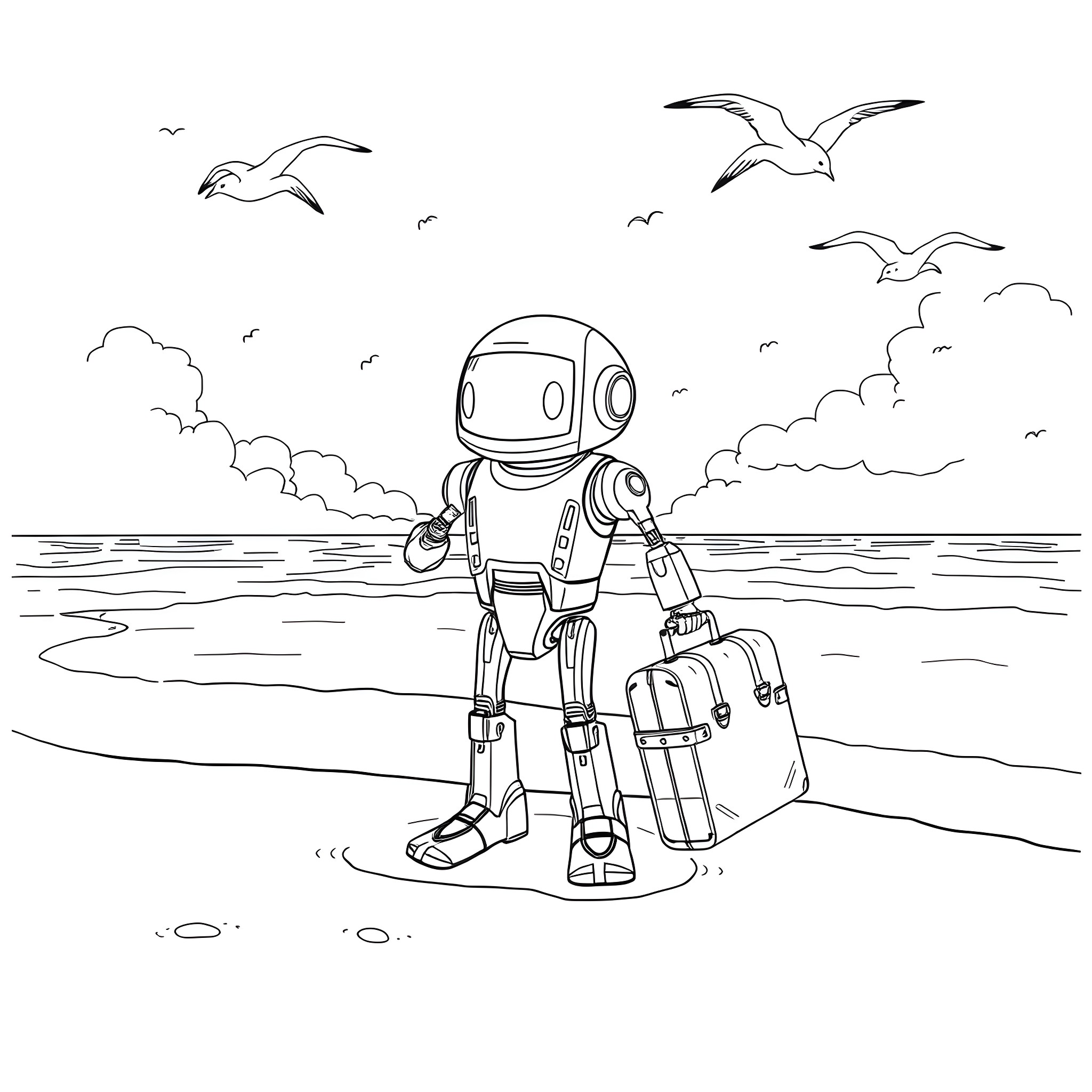 Omnidroid robot exploring the beach Coloring Page (free black-and-white line drawing printable PDF for all, from beginners to advanced learners, including children, teens, adults, and seniors)