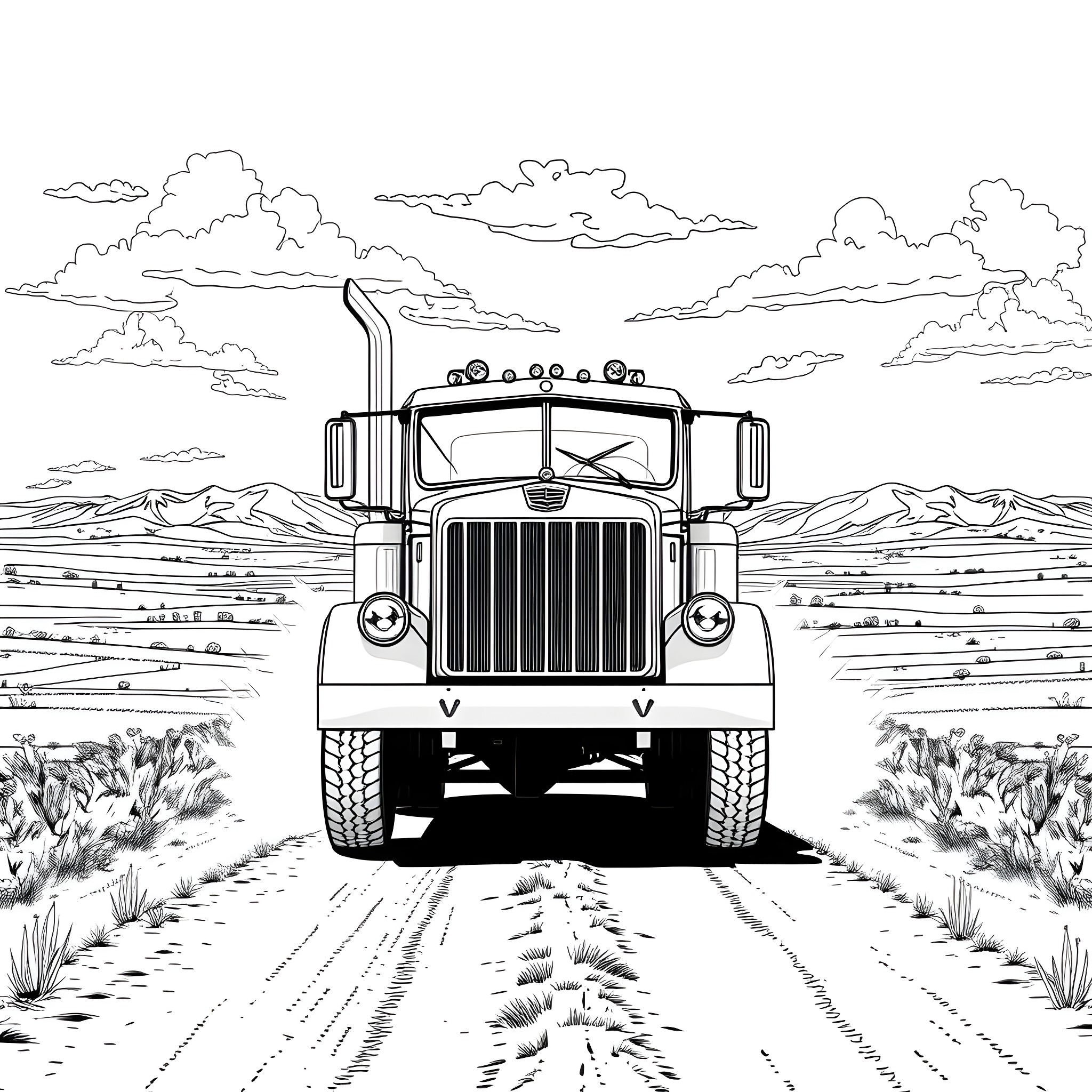 Truck driving through rugged terrain Coloring Page (free black-and-white line drawing printable PDF for all, from beginners to advanced learners, including children, teens, adults, and seniors)