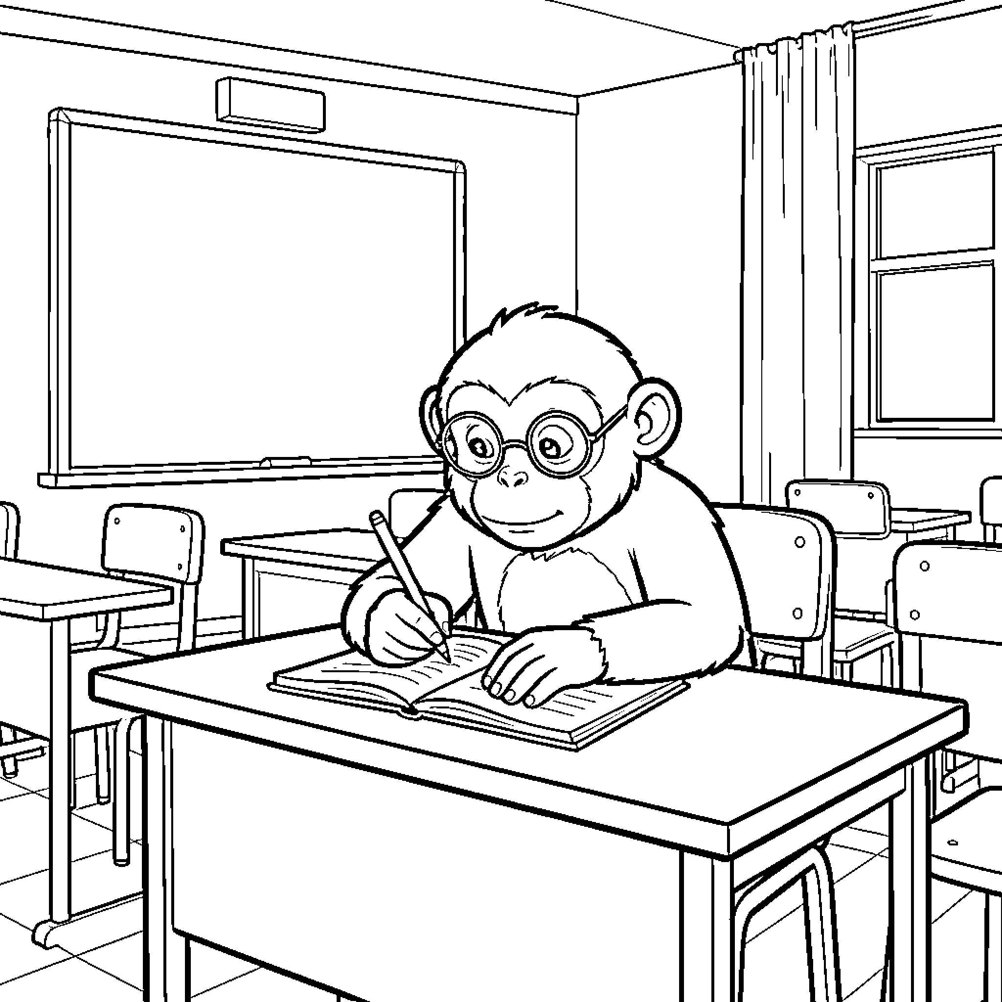 Monkey studying diligently in the classroom Coloring Page (free black-and-white line drawing printable PDF for all, from beginners to advanced learners, including children, teens, adults, and seniors)