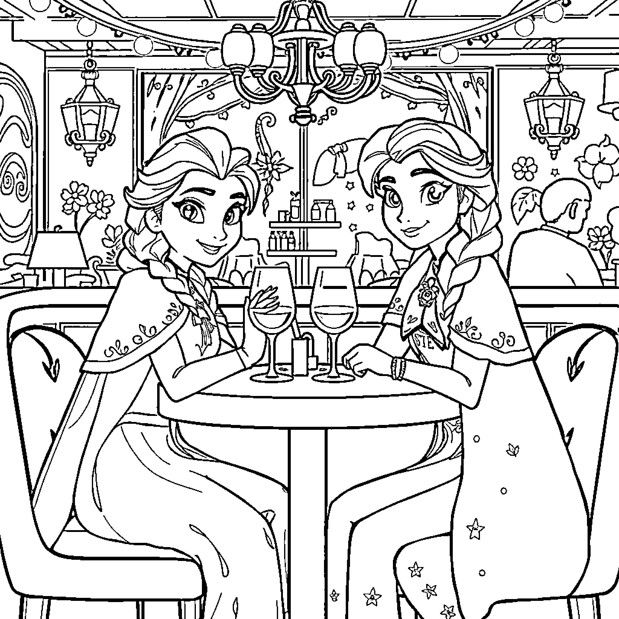 Frozen Characters Enjoying a Cozy Night Out Coloring Page (free black-and-white line drawing printable PDF for all, from beginners to advanced learners, including children, teens, adults, and seniors)