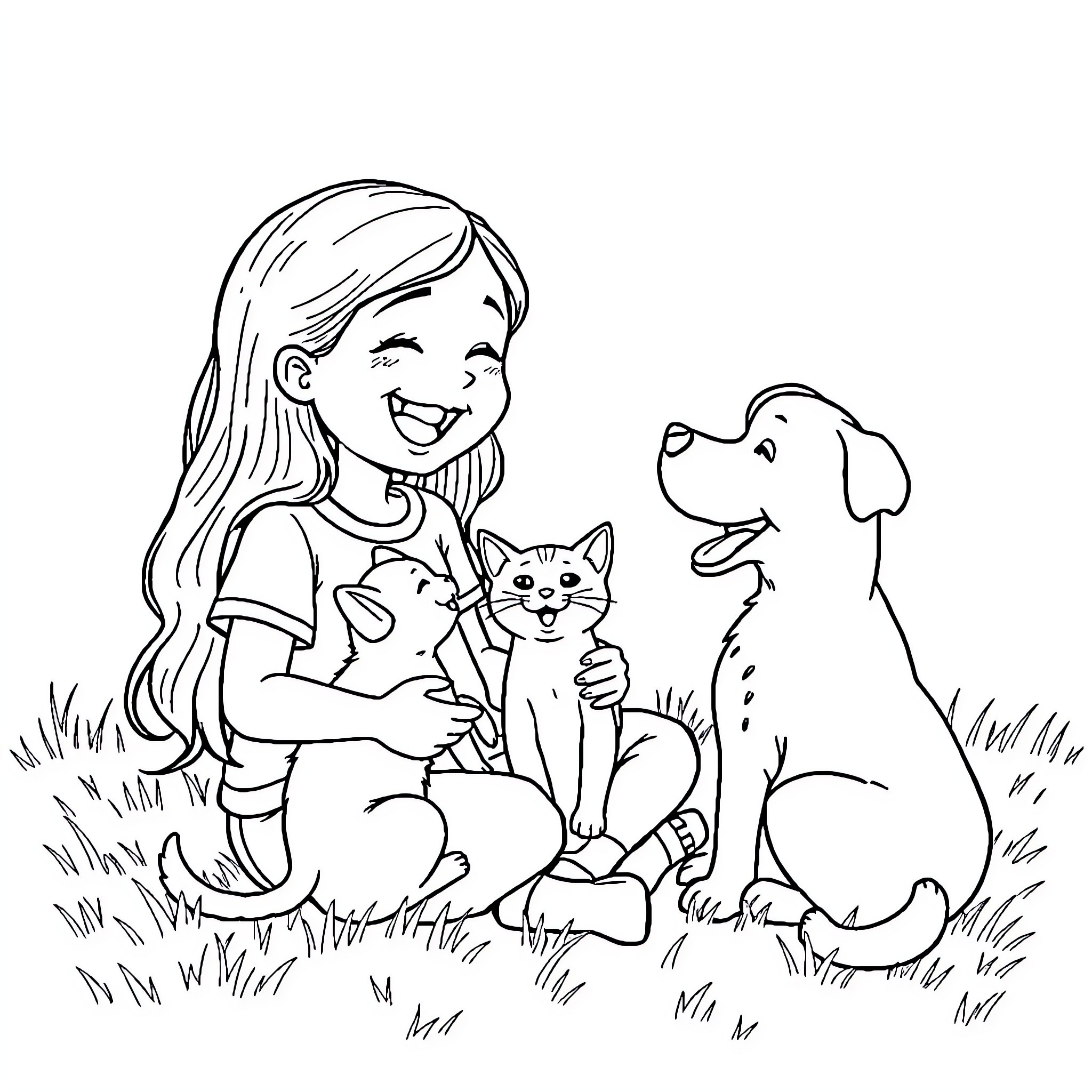 Girl playing with pets in the park Coloring Page (free black-and-white line drawing printable PDF for all, from beginners to advanced learners, including children, teens, adults, and seniors)