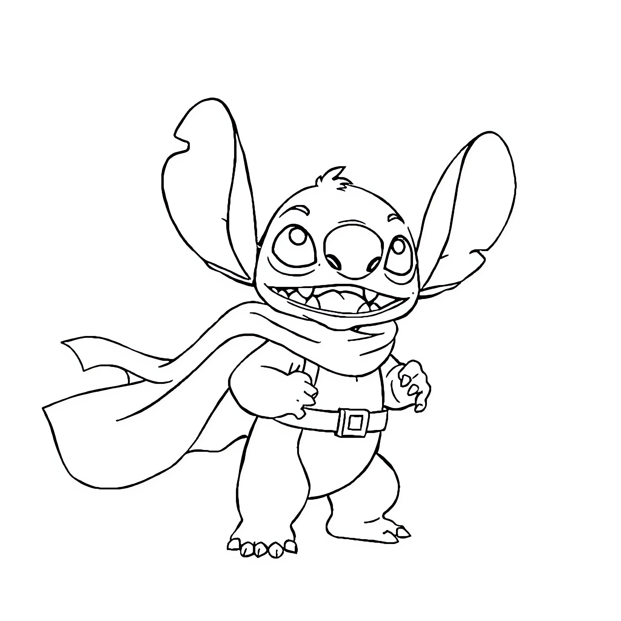 Stitch in an amusing pose with a cape Coloring Page (free black-and-white line drawing printable PDF for all, from beginners to advanced learners, including children, teens, adults, and seniors)
