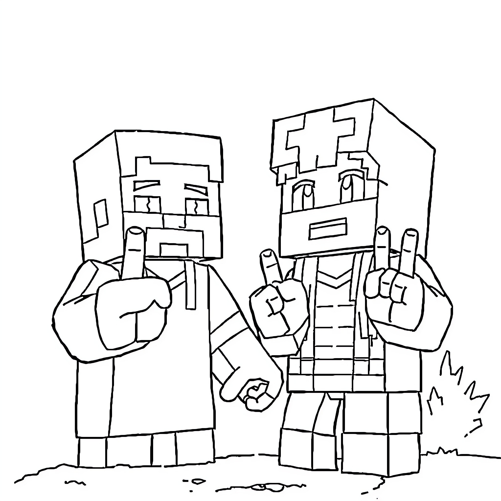 Minecraft characters showing peace and friendship Coloring Page (free black-and-white line drawing printable PDF for all, from beginners to advanced learners, including children, teens, adults, and seniors)
