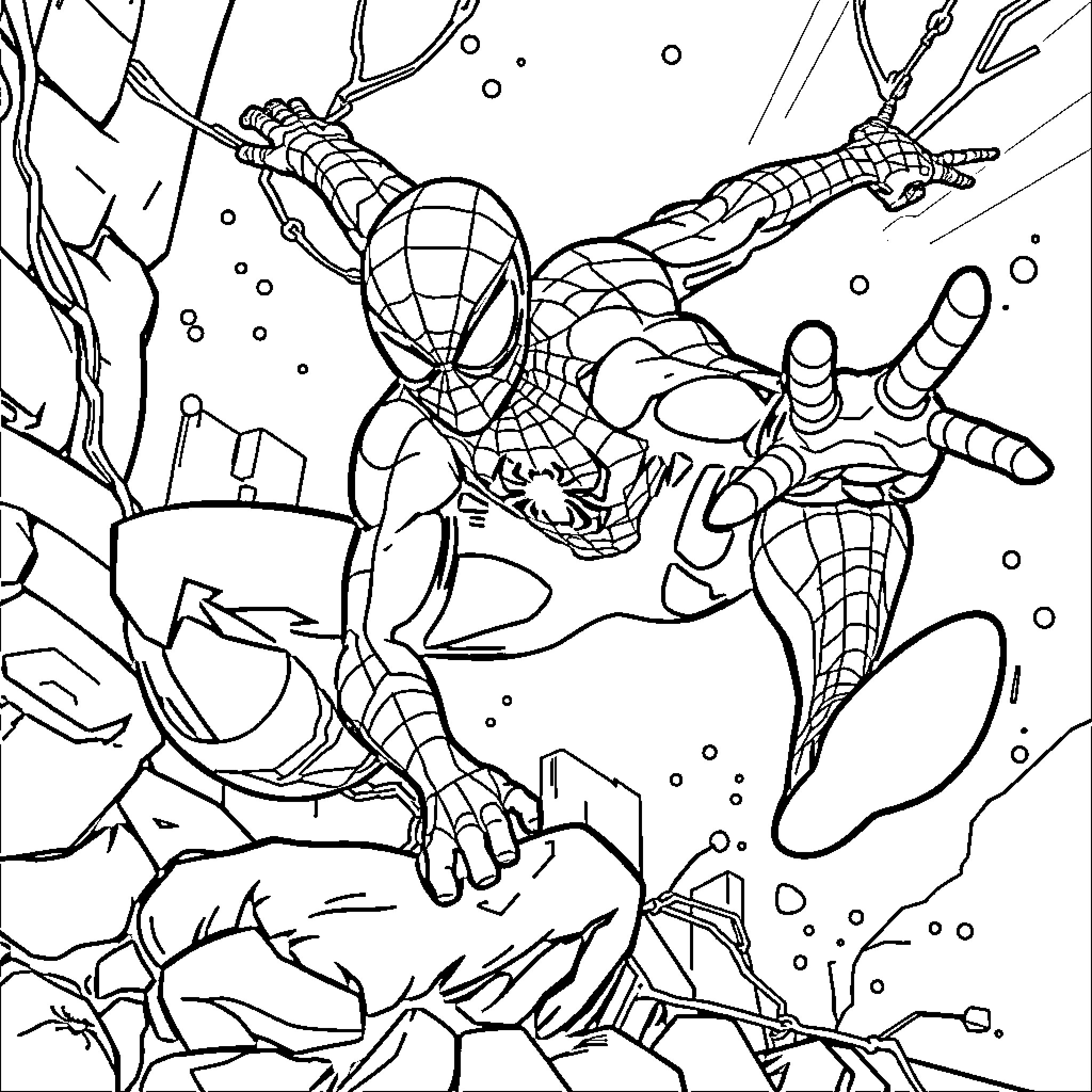 Spider hero swinging through the city Coloring Page (free black-and-white line drawing printable PDF for all, from beginners to advanced learners, including children, teens, adults, and seniors)