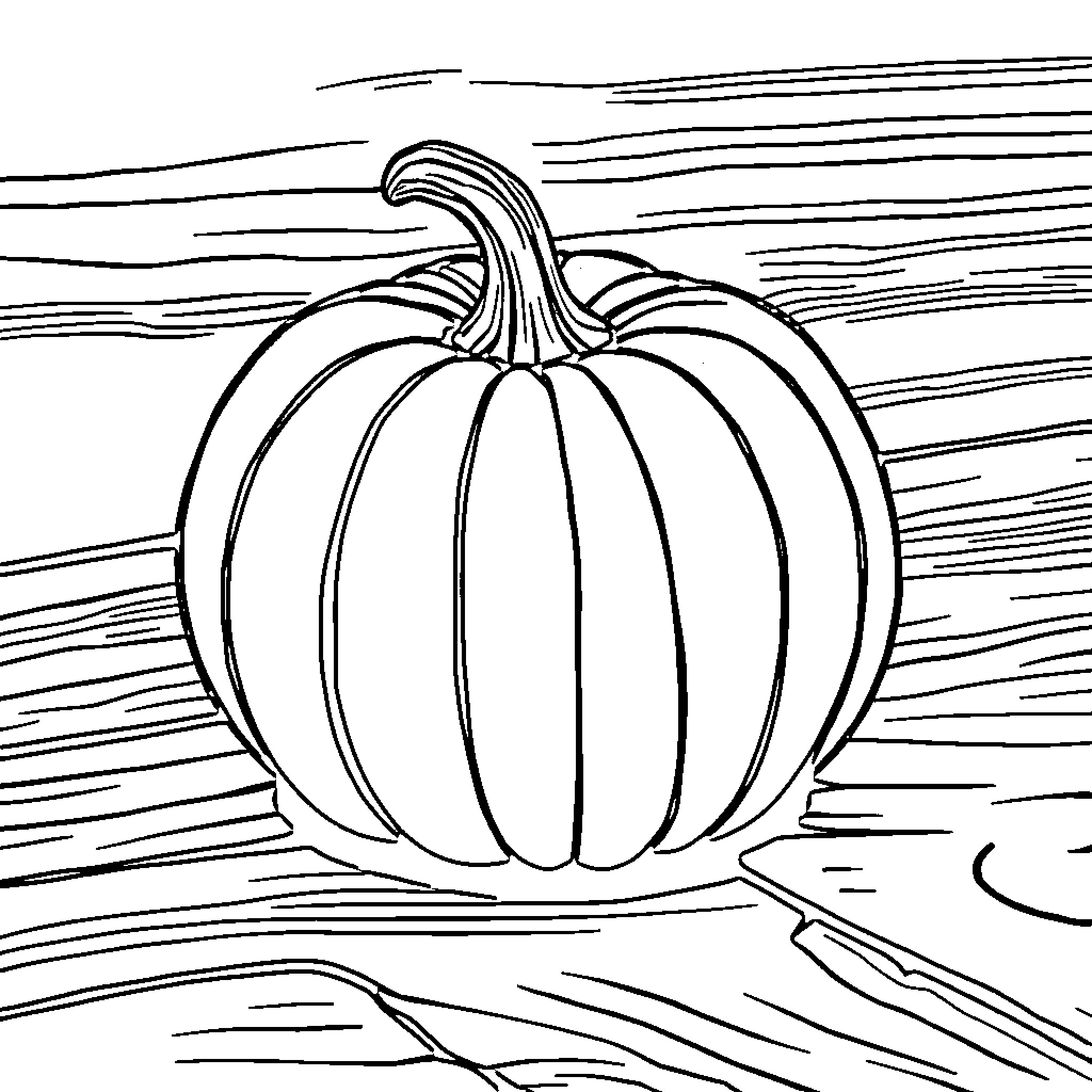 Pumpkin on a wooden surface Coloring Page (free black-and-white line drawing printable PDF for all, from beginners to advanced learners, including children, teens, adults, and seniors)