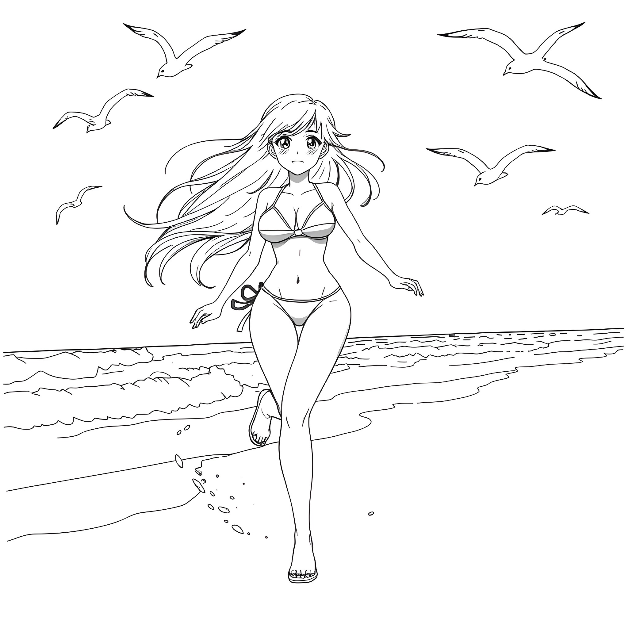 Anime Girl Walking on the Beach Coloring Page (free black-and-white line drawing printable PDF for all, from beginners to advanced learners, including children, teens, adults, and seniors)