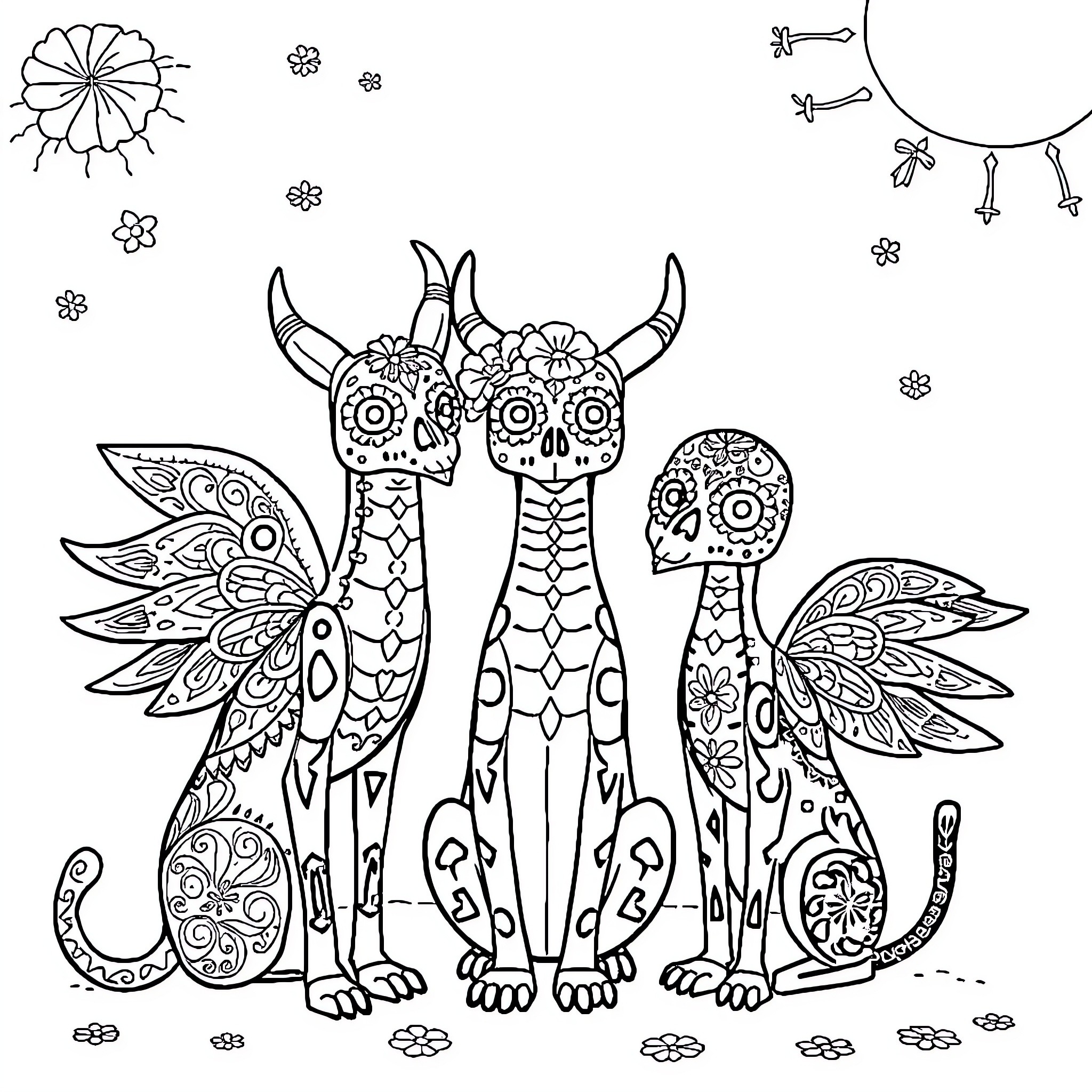 Alibrijes - Fantastical Creatures in Whimsical Poses Coloring Page (free black-and-white line drawing printable PDF for all, from beginners to advanced learners, including children, teens, adults, and seniors)