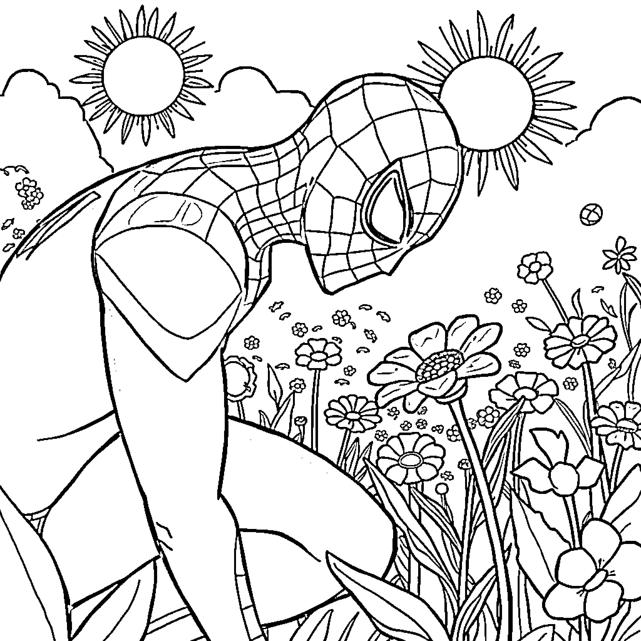 Spiderman climbing through a whimsical flower garden Coloring Page (free black-and-white line drawing printable PDF for all, from beginners to advanced learners, including children, teens, adults, and seniors)