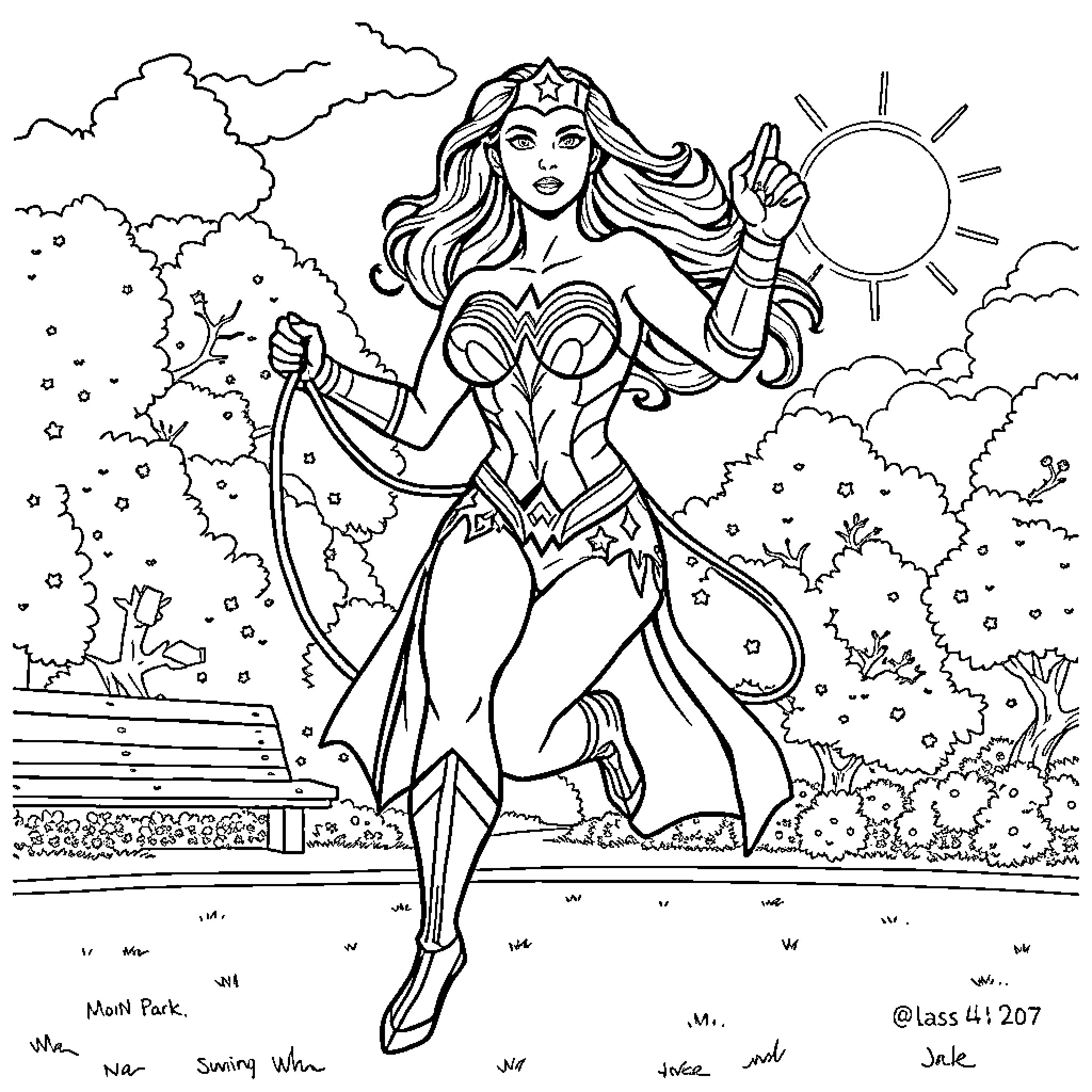 Wonder Woman's Heroic Stance in Nature's Embrace Coloring Page (free black-and-white line drawing printable PDF for all, from beginners to advanced learners, including children, teens, adults, and seniors)