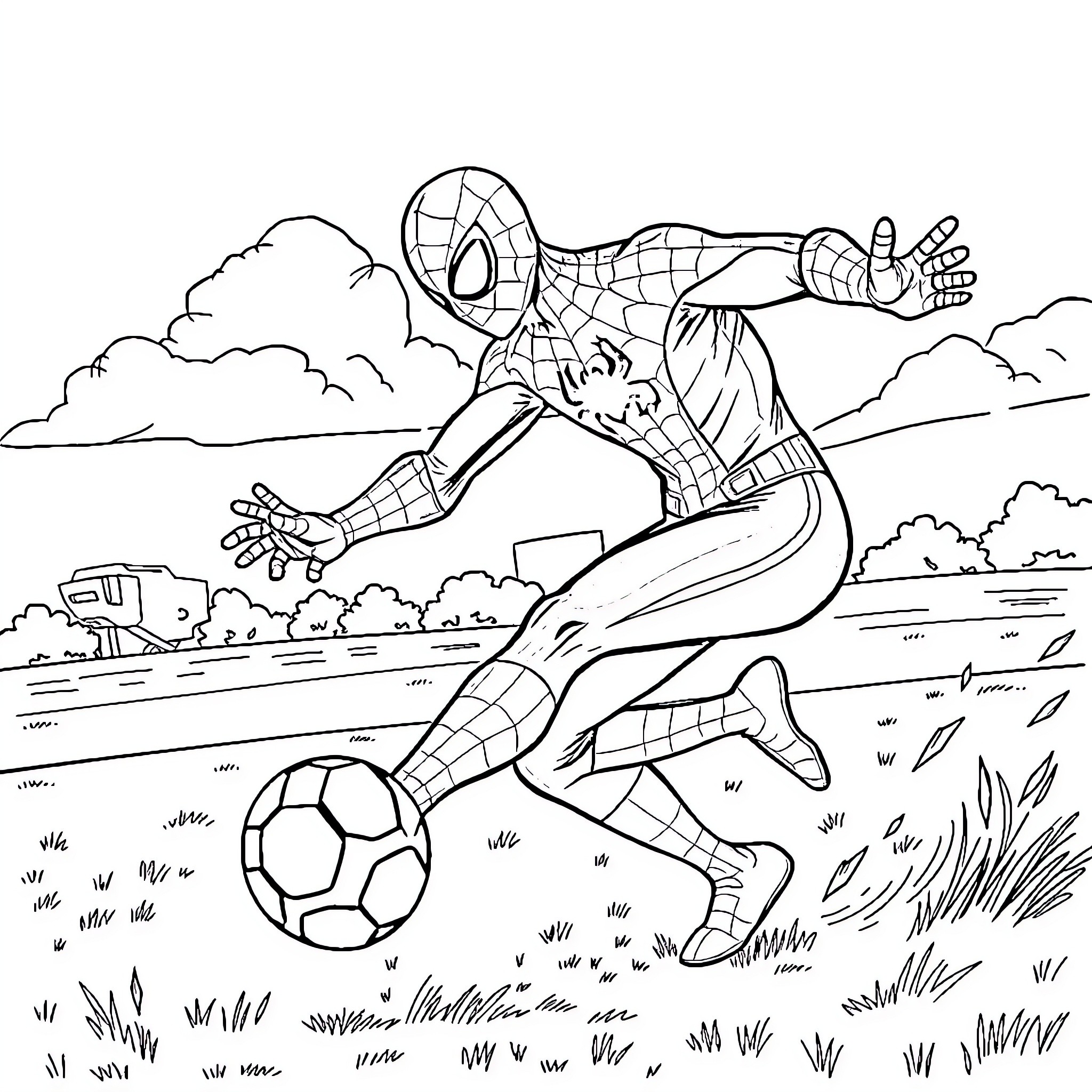 Spider-Man kicking a soccer ball in the park Coloring Page (free black-and-white line drawing printable PDF for all, from beginners to advanced learners, including children, teens, adults, and seniors)