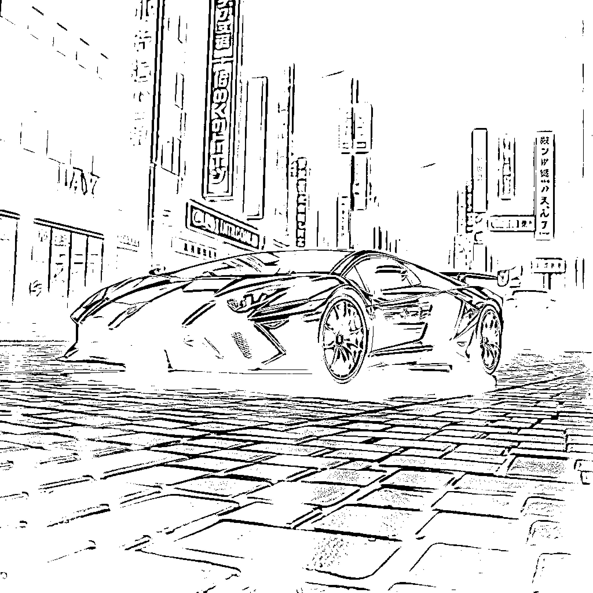 Lamborghini speeding through futuristic city streets Coloring Page (free black-and-white line drawing printable PDF for all, from beginners to advanced learners, including children, teens, adults, and seniors)