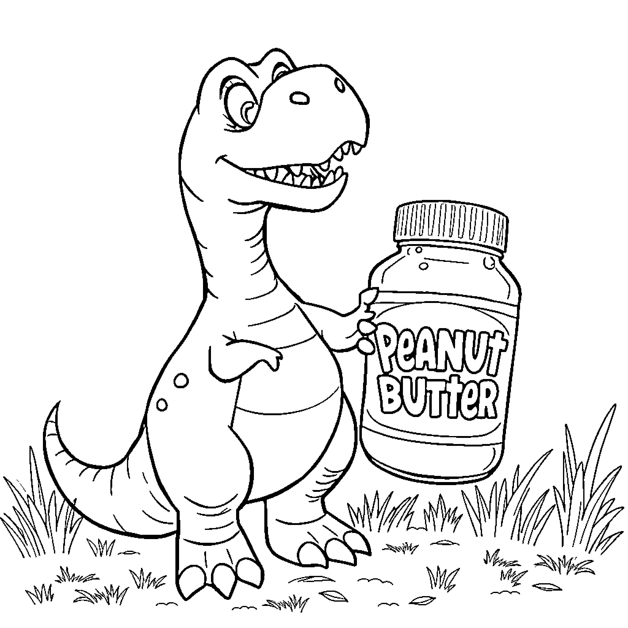 Dinosaur enjoying a jar of peanut butter Coloring Page (free black-and-white line drawing printable PDF for all, from beginners to advanced learners, including children, teens, adults, and seniors)