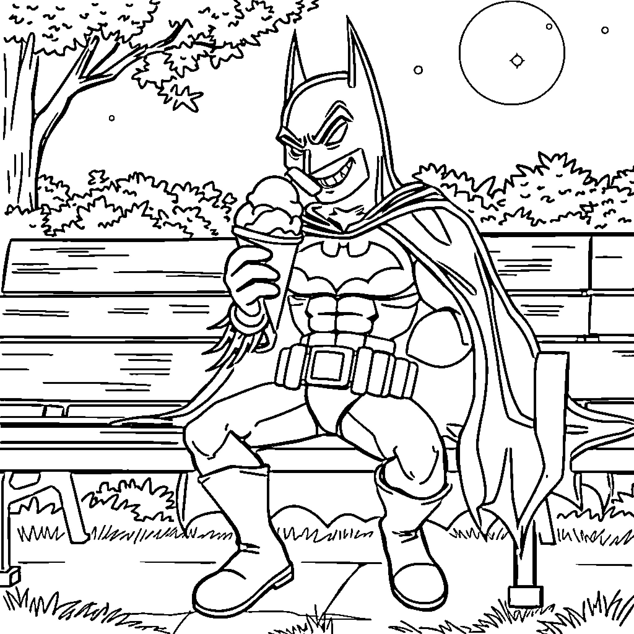 Batman Contemplating in the Night Park Coloring Page (free black-and-white line drawing printable PDF for all, from beginners to advanced learners, including children, teens, adults, and seniors)