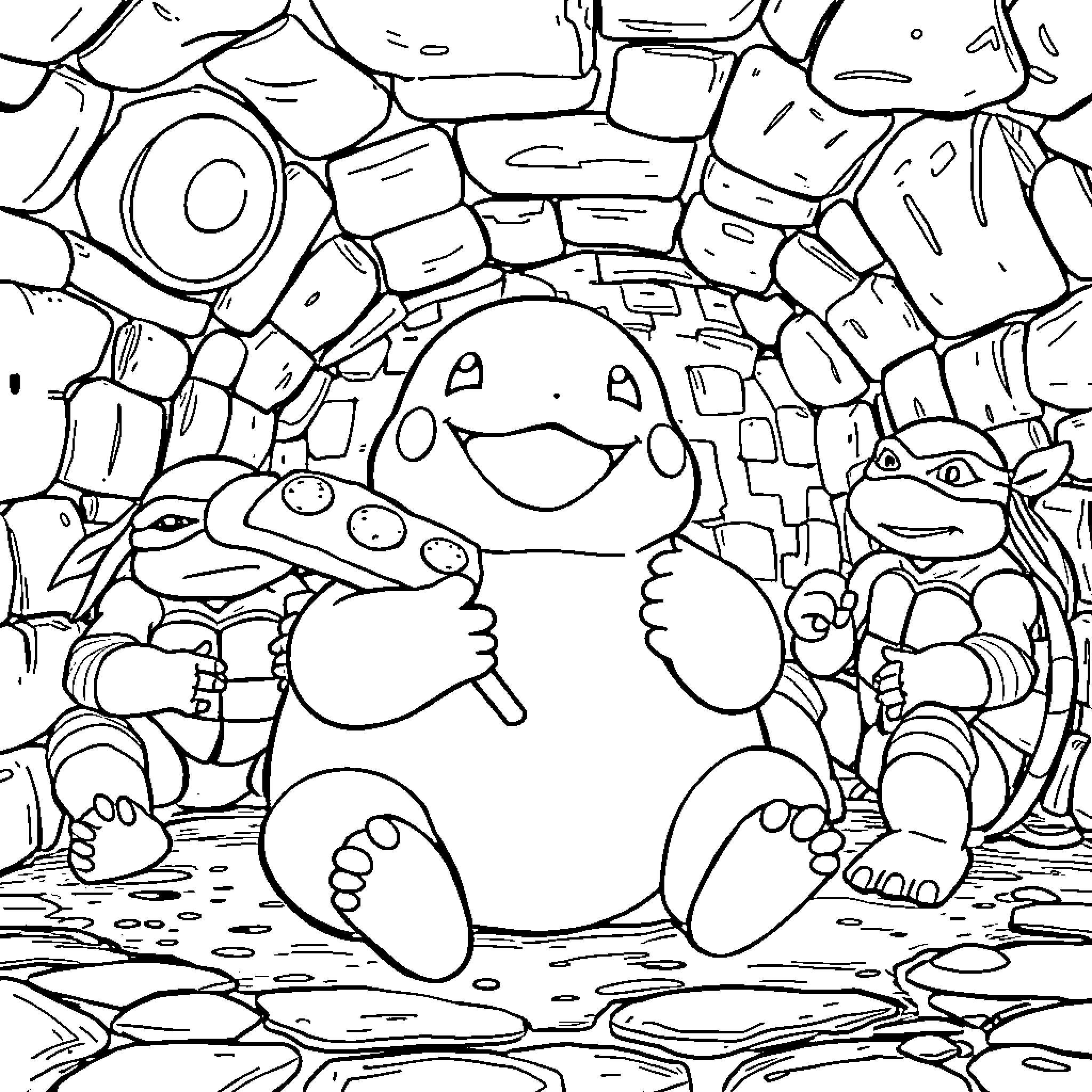 Snorlax taking a peaceful nap in the rocky terrain Coloring Page (free black-and-white line drawing printable PDF for all, from beginners to advanced learners, including children, teens, adults, and seniors)