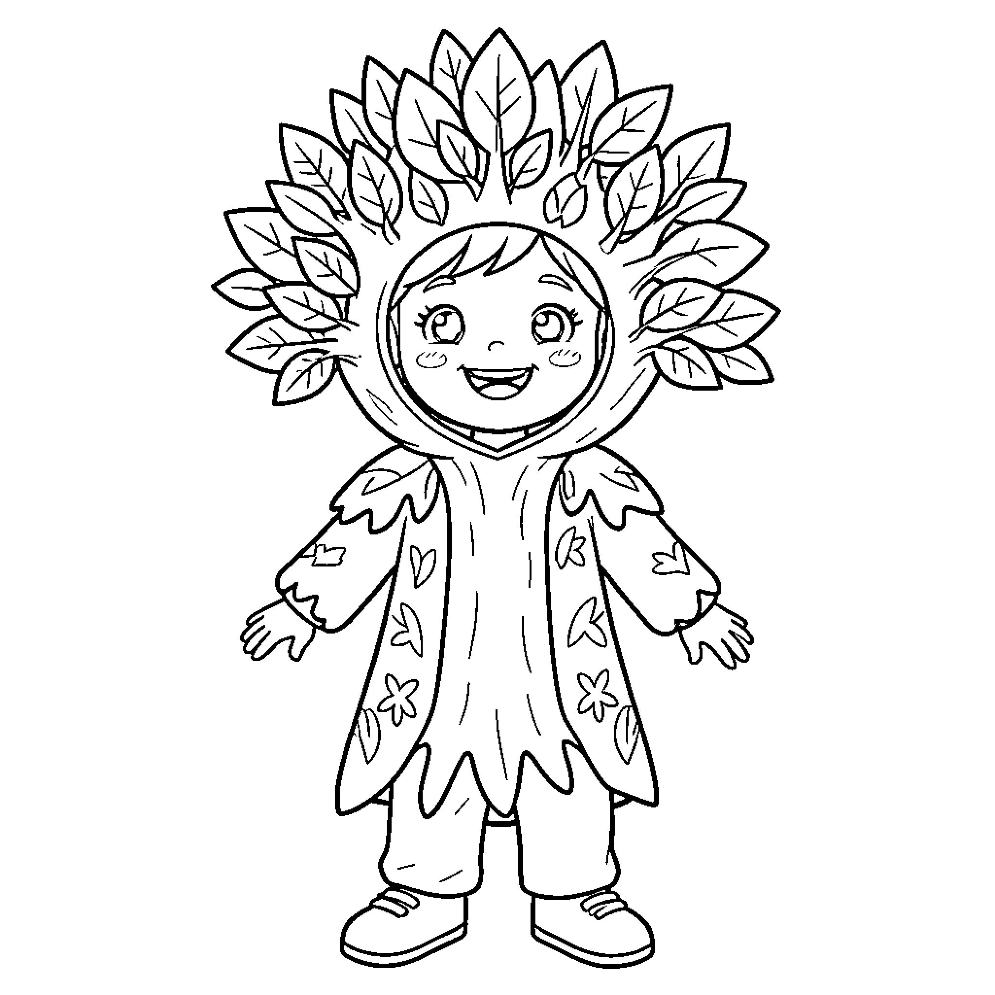 Child dressed as a nature spirit with leaves Coloring Page (free black-and-white line drawing printable PDF for all, from beginners to advanced learners, including children, teens, adults, and seniors)