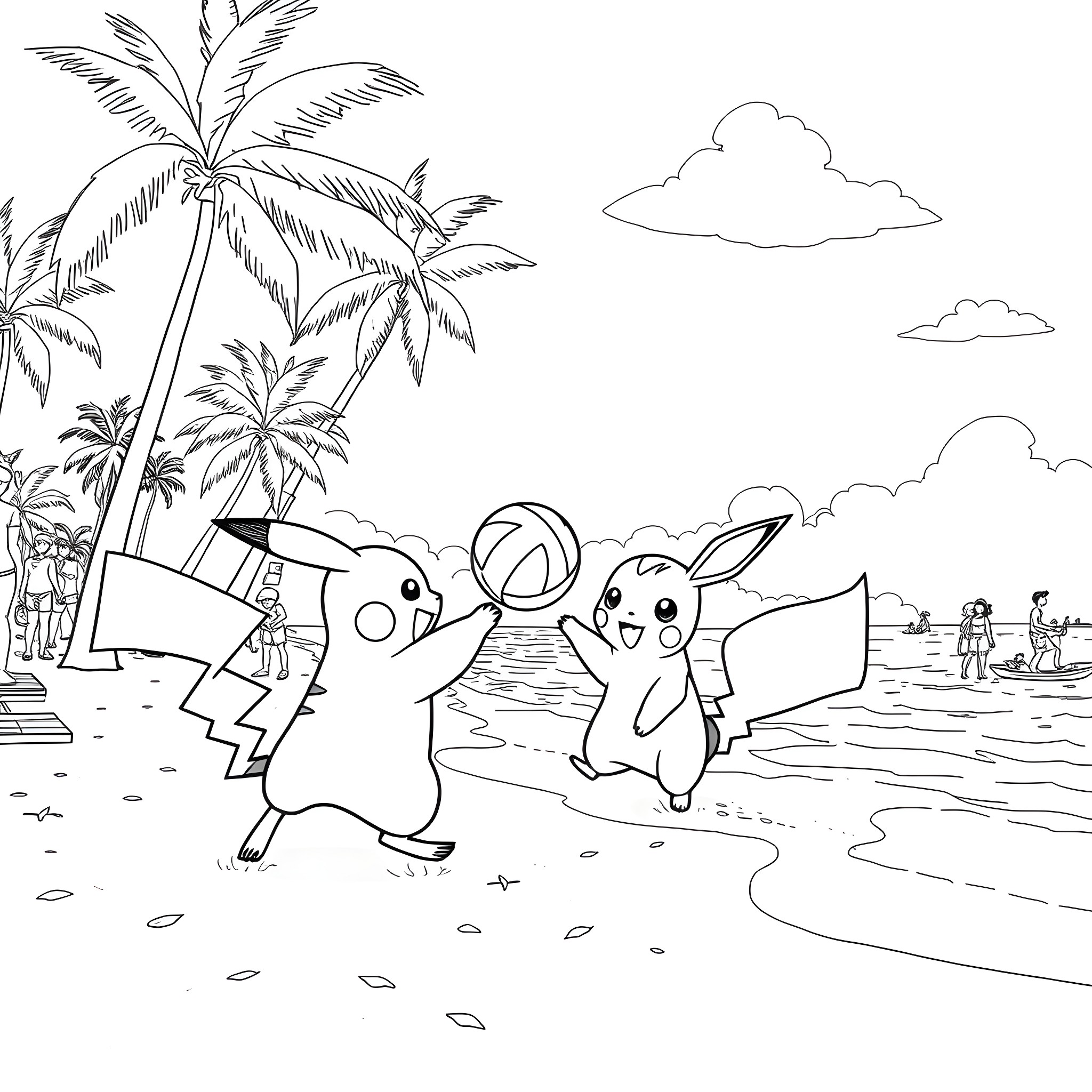 Pikachu and Pichu playing on the beach Coloring Page (free black-and-white line drawing printable PDF for all, from beginners to advanced learners, including children, teens, adults, and seniors)