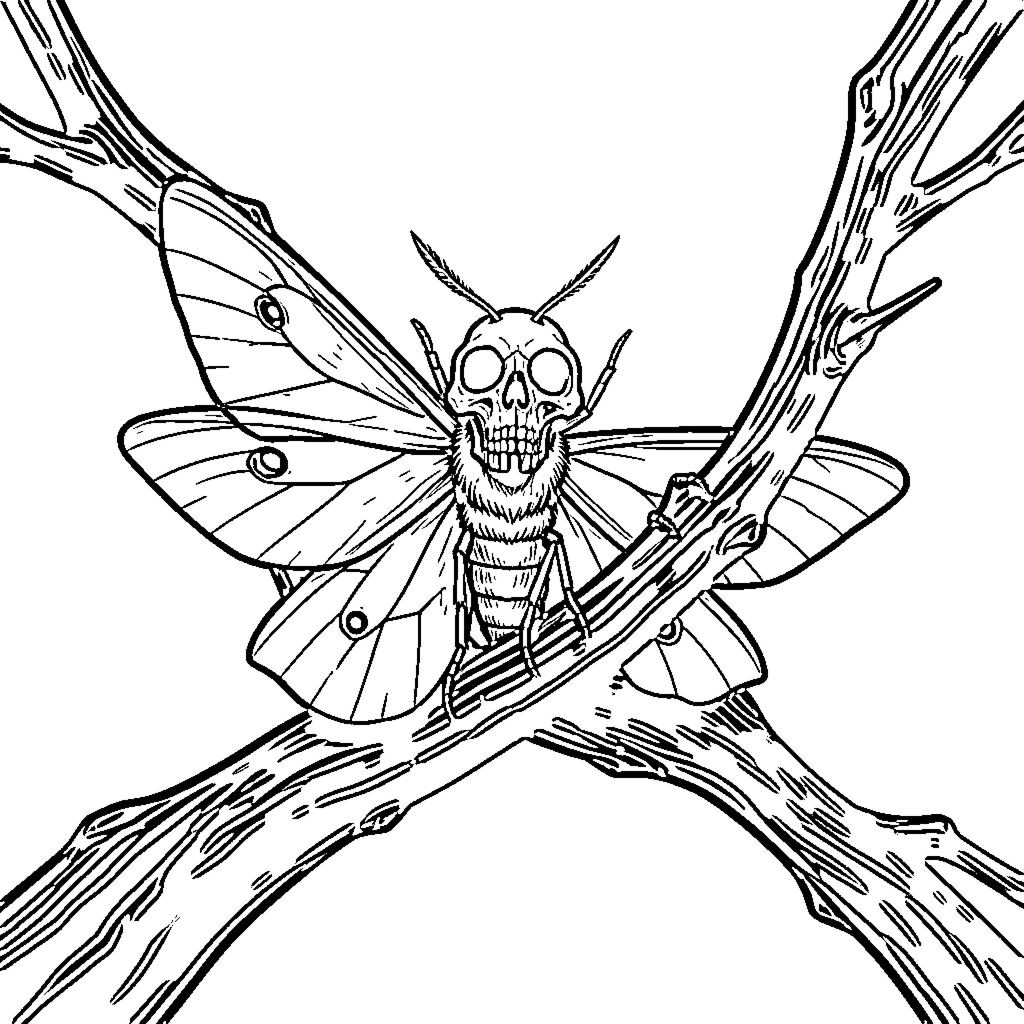 Moth with Skull-Shaped Face on Weathered Wood Coloring Page (free black-and-white line drawing printable PDF for all, from beginners to advanced learners, including children, teens, adults, and seniors)
