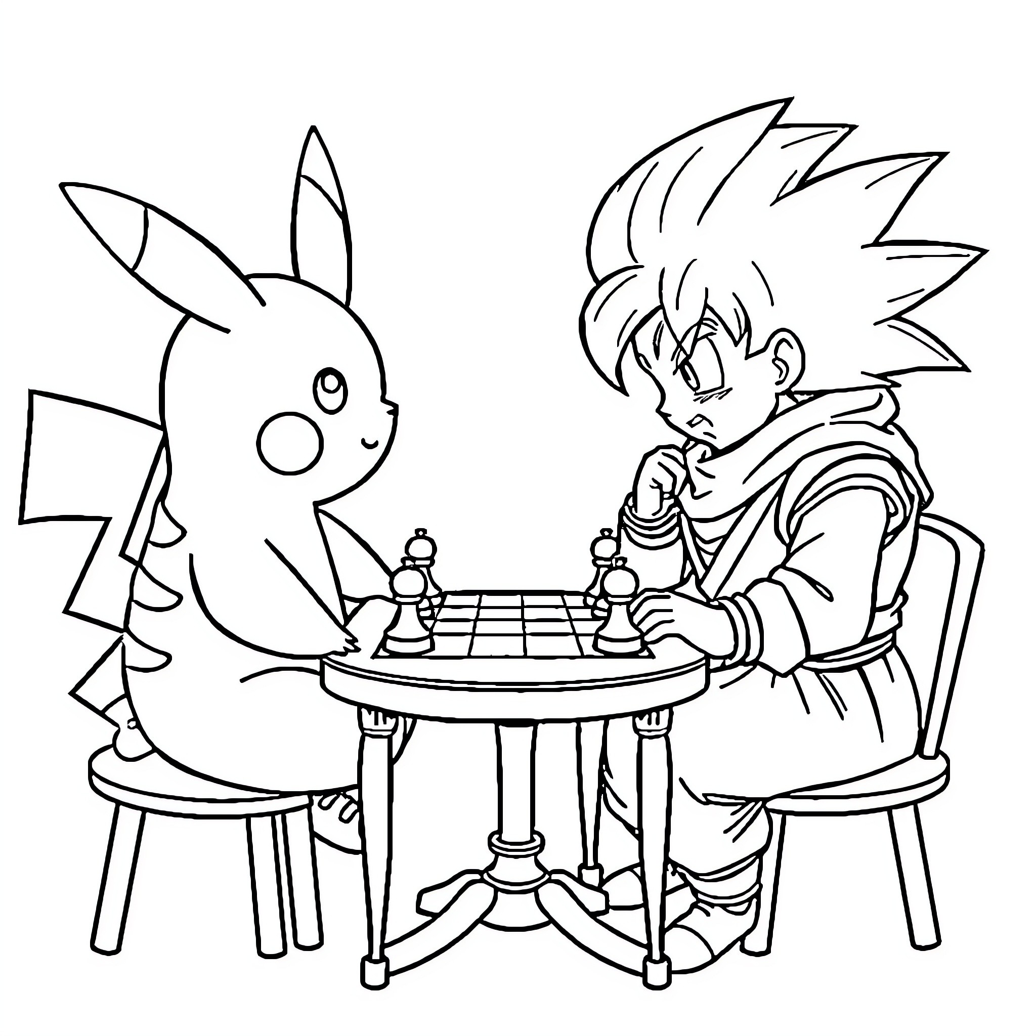Pikachu playing chess with a boy Coloring Page (free black-and-white line drawing printable PDF for all, from beginners to advanced learners, including children, teens, adults, and seniors)
