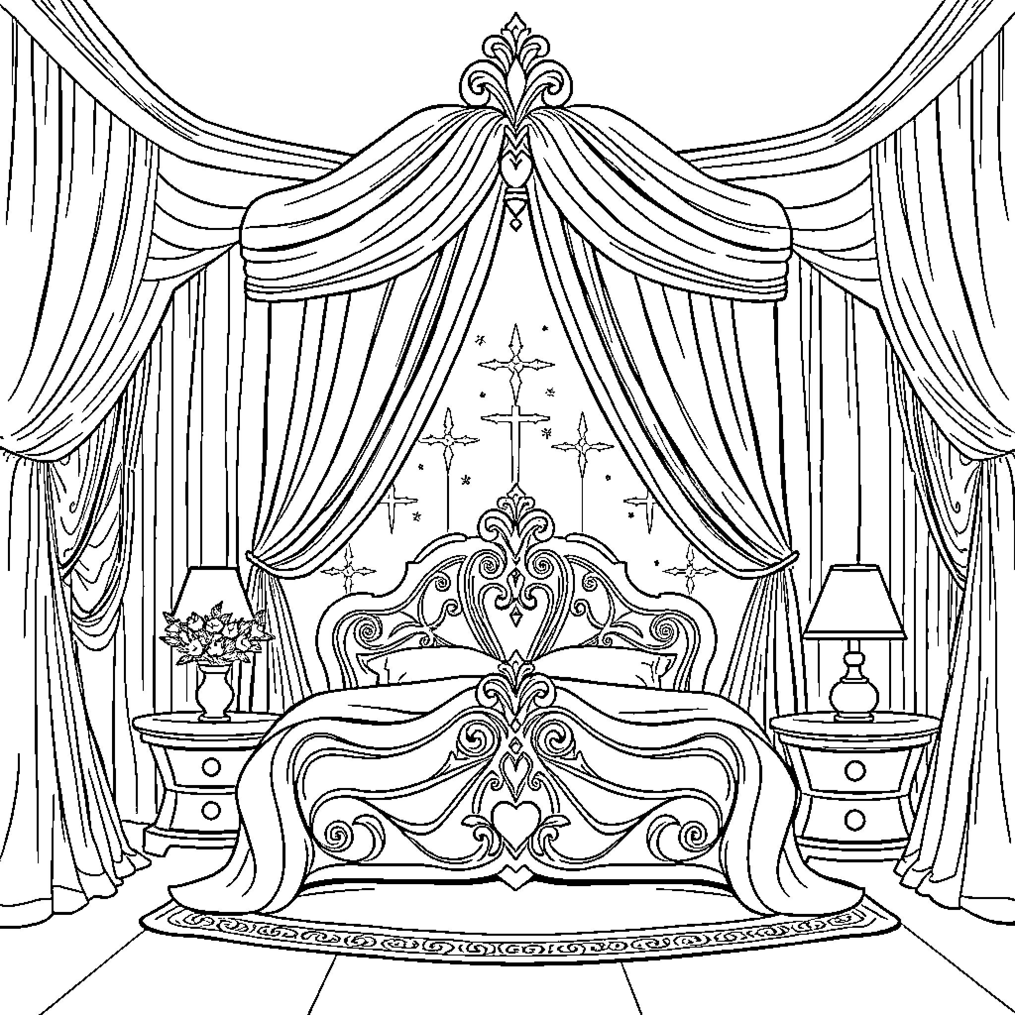 Princess's Ornate Bedroom with Elegant Furnishings Coloring Page (free black-and-white line drawing printable PDF for all, from beginners to advanced learners, including children, teens, adults, and seniors)