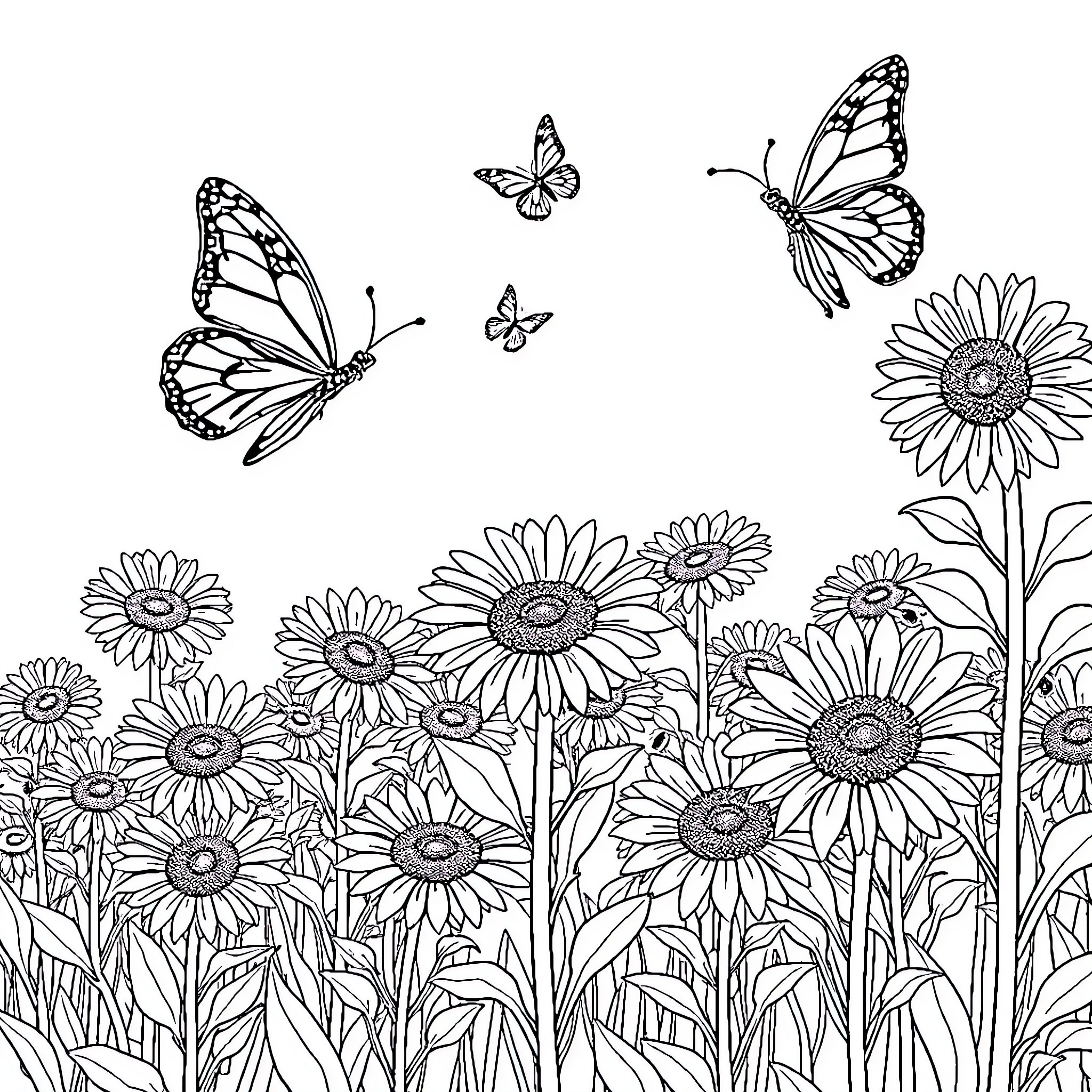 Butterfly Garden: Fluttering Beauties Amid Sunflowers Coloring Page (free black-and-white line drawing printable PDF for all, from beginners to advanced learners, including children, teens, adults, and seniors)